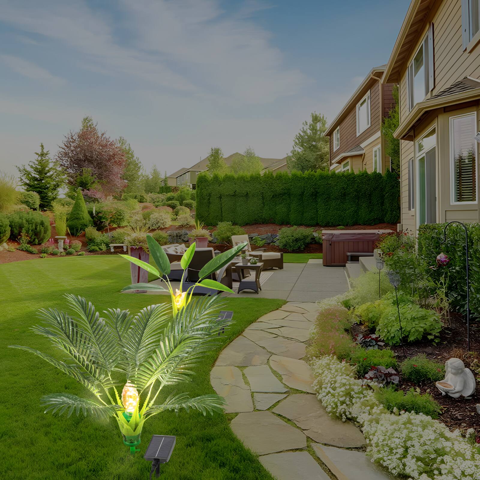 Alt View 1. Oumilen - Solar Palm & Banana Leaf Garden Lights Set 27.5In Palm 37In Banana Leaf IP44 Waterproof.