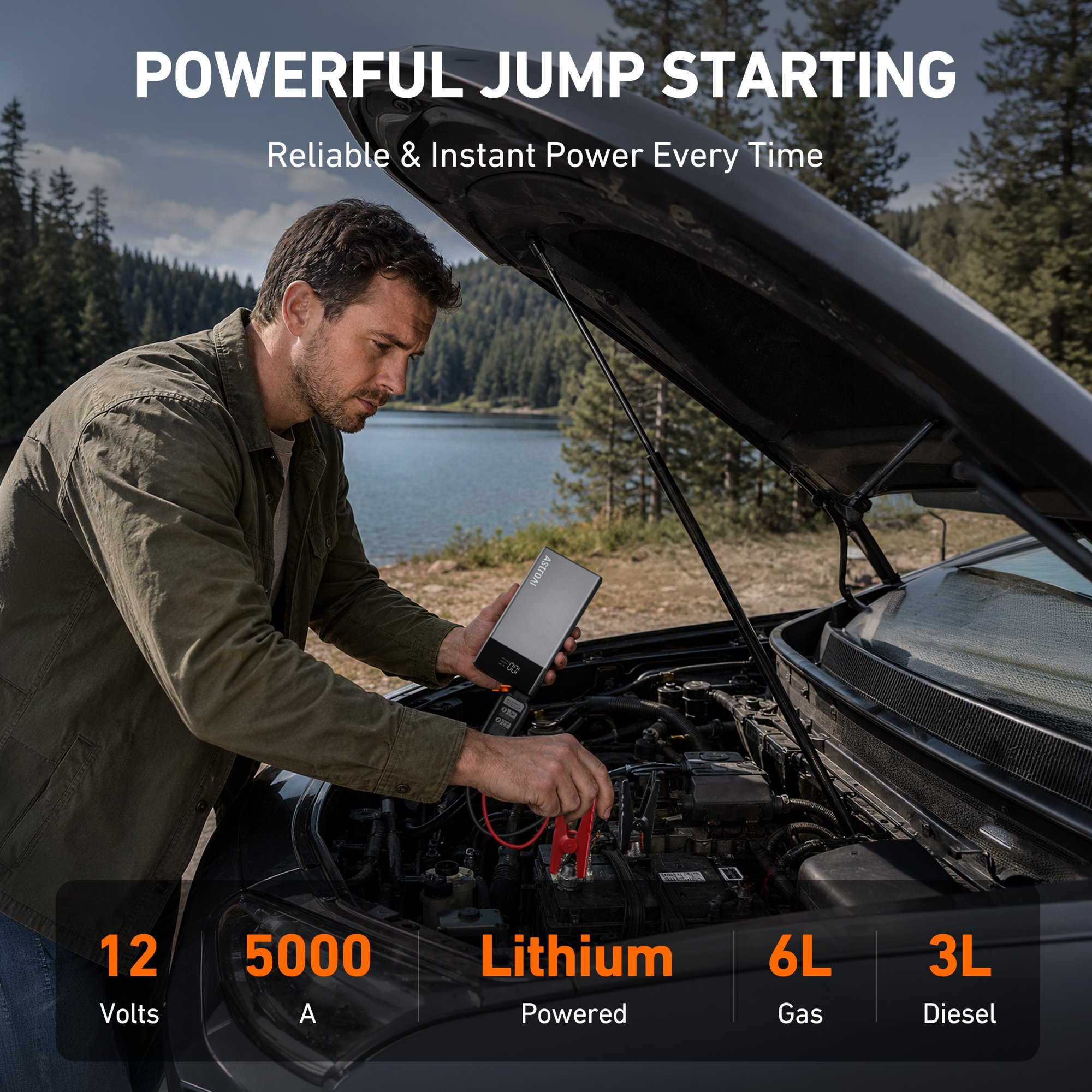 POWERFUL JUMP STARTING  
Reliable & Instant Power Every Time  

12 Volts  
5000 A  
Lithium Powered  
6L Gas  
3L Diesel
