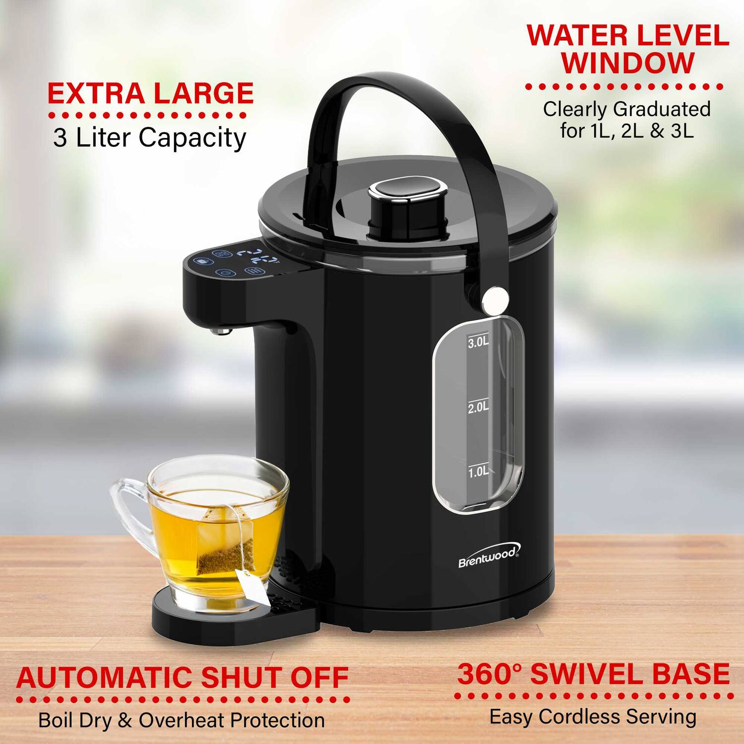 - EXTRA LARGE 3 Liter Capacity
- WATER LEVEL WINDOW Clearly Graduated for 1L, 2L & 3L
- AUTOMATIC SHUT OFF Boil Dry & Overheat Protection
- 360° SWIVEL BASE Easy Cordless Serving