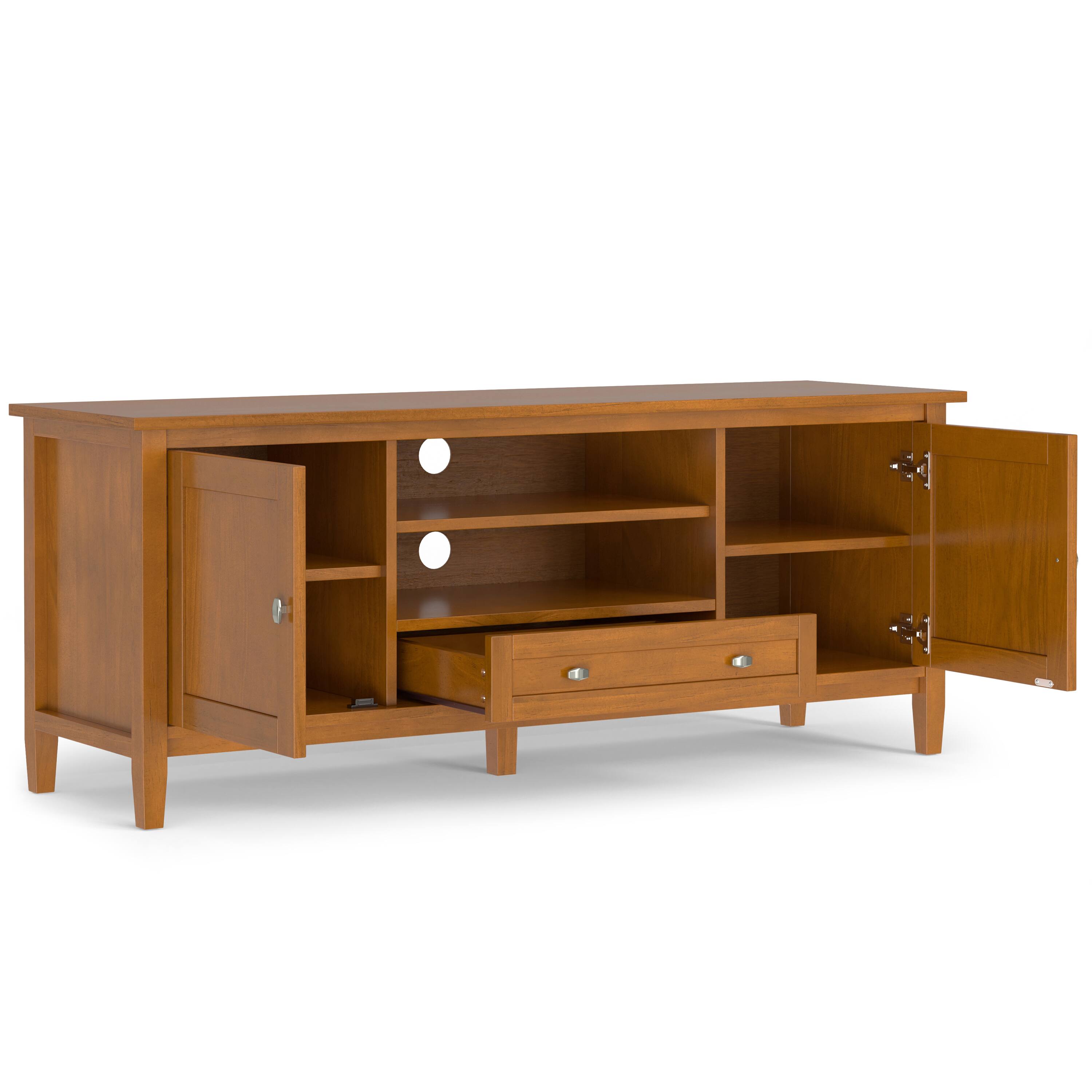 Back. Simpli Home - Warm Shaker SOLID WOOD 60 inch Wide Transitional  TV Media Stand - Light Golden Brown.