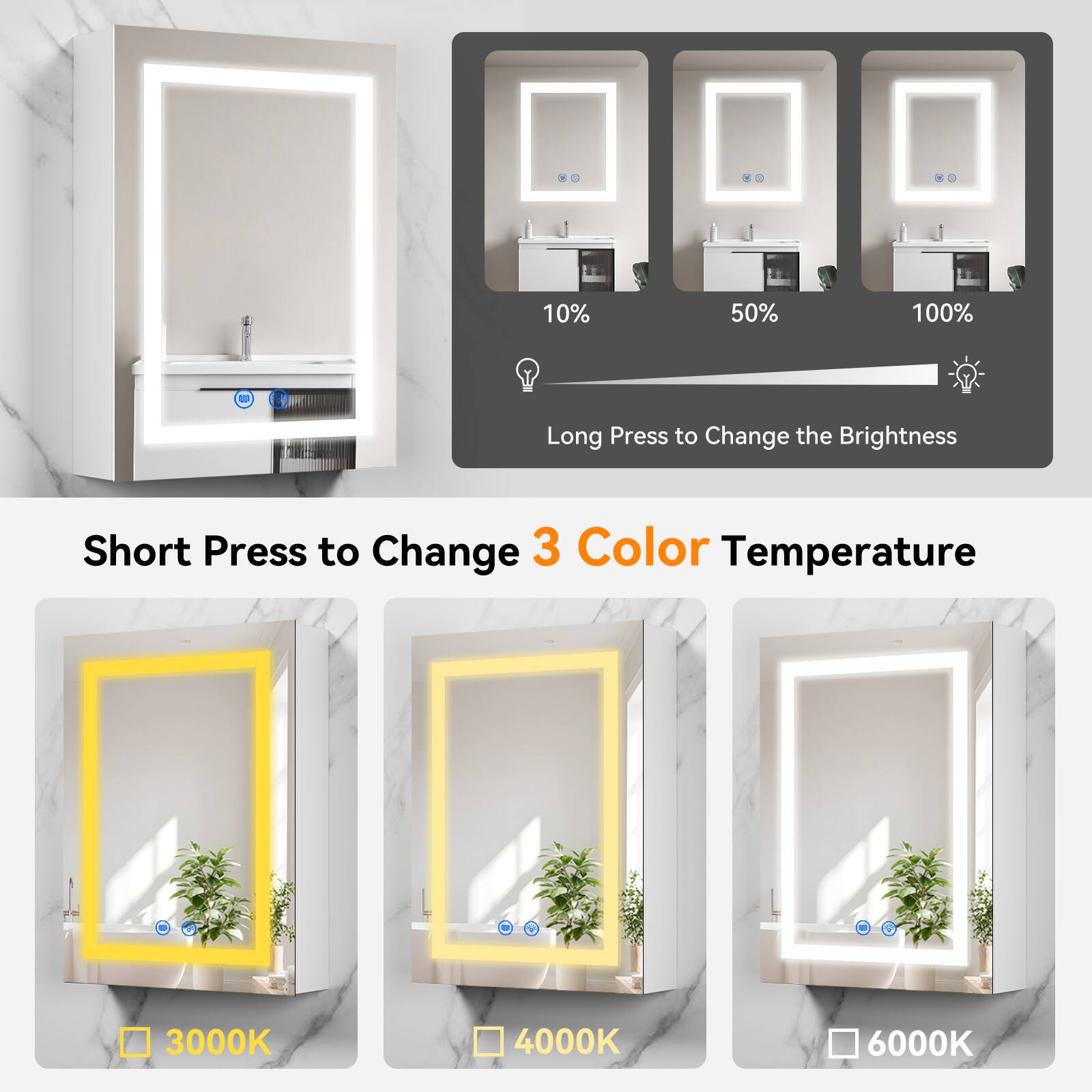 10% 50% 100%  
Long Press to Change the Brightness  
Short Press to Change 3 Color Temperature  
3000K 4000K 6000K