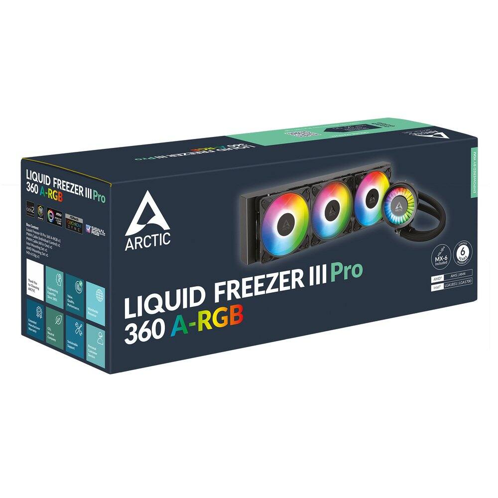 LIQUID FREEZER III Pro  
360 A-RGB  
ARCTIC  

LIQUID FREEZER III Pro  
360 A-RGB  

6 MX-6  

AMD  
LGA1700 / LGA1200  

CCCIES m  
T N Aa  
ARCTIC III Pro  
LIQUID FREEZER 360 A-RGB  
6 MX-6  

Sckates AND 4AM  
AMD VOASNE VGALR I