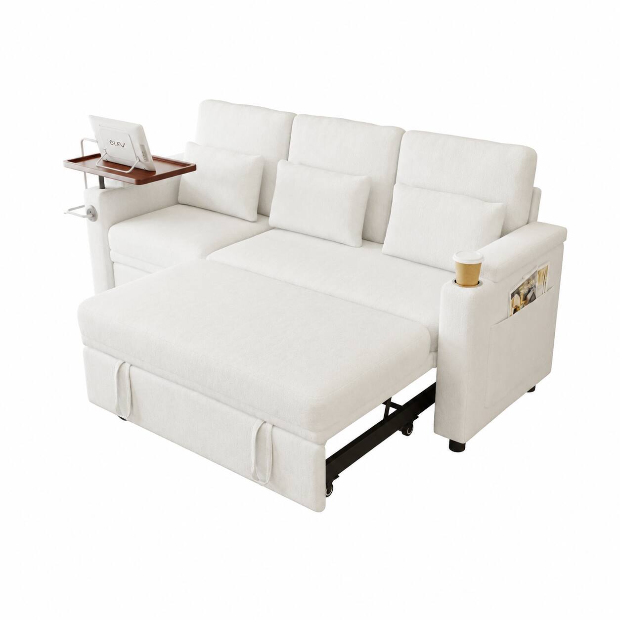 Back. Anysun - 81" 3-in-1 Foldable 3-Seater Sofa Bed, Table Board, USB Ports, Storage Armrests, Adjustable Backrest, Chenille - White.