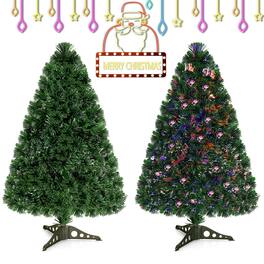 Gymax - Pre-Lit 3' Artificial Christmas Tree Fiber Optic PVC Tips Plastic Stand - Green