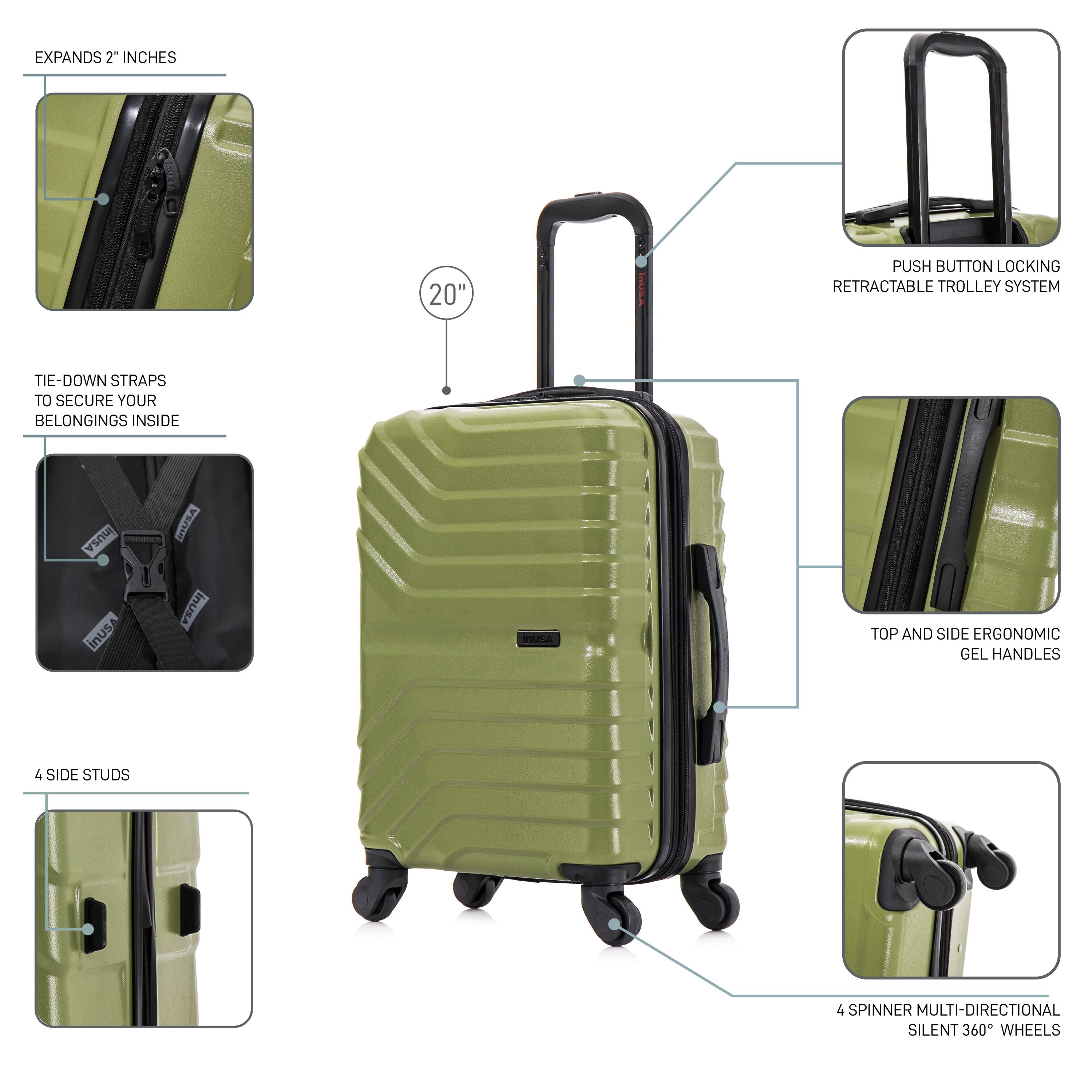 - EXPANDS 2" INCHES
- 20" PUSH BUTTON LOCKING RETRACTABLE TROLLEY SYSTEM
- TIE-DOWN STRAPS TO SECURE YOUR BELONGINGS INSIDE
- 4 SIDE STUDS
- TOP AND SIDE ERGONOMIC GEL HANDLES
- 4 SPINNER MULTI-DIRECTIONAL SILENT 360° WHEELS
