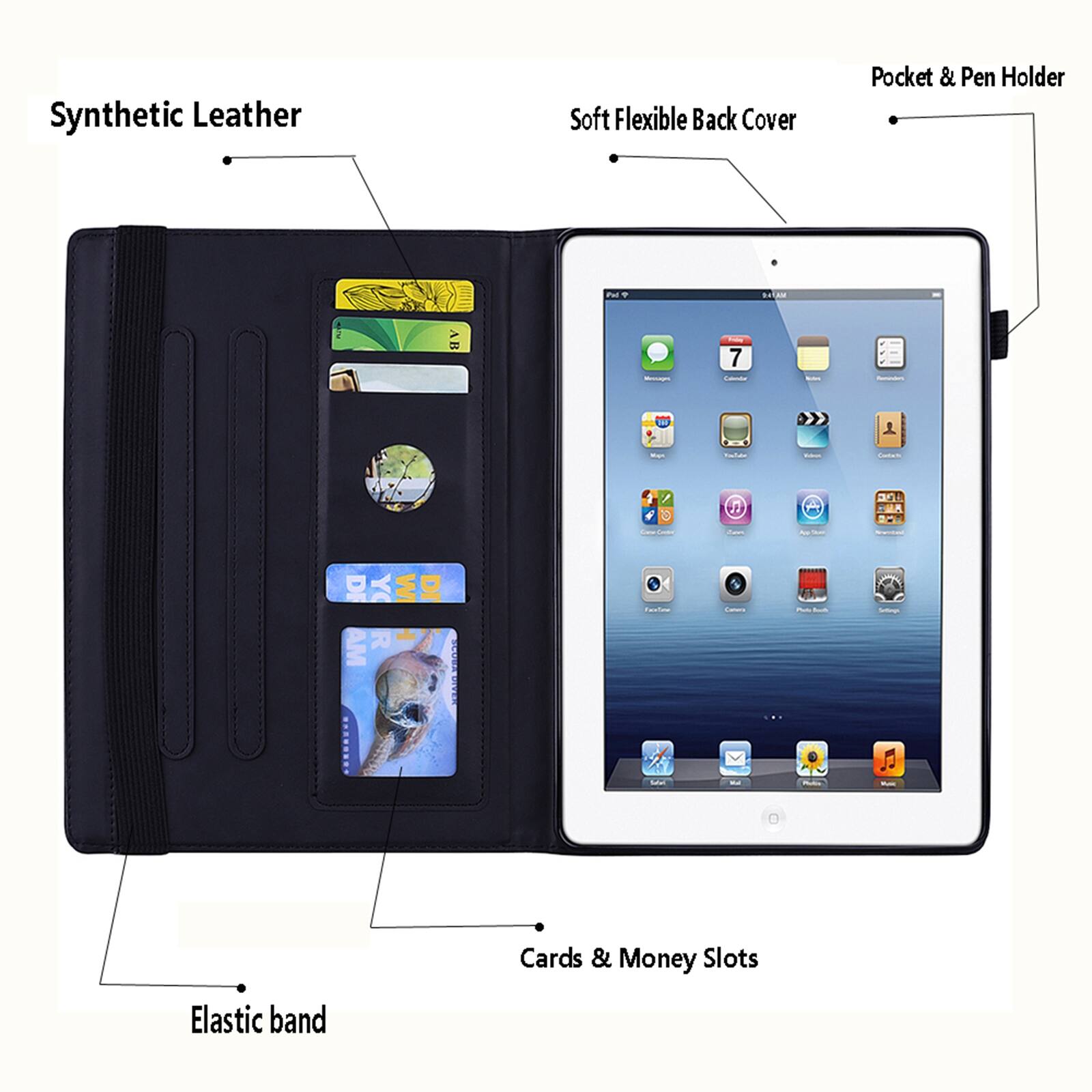 Synthetic Leather Soft Flexible Back Cover Pocket & Pen Holder

- Cards & Money Slots
- Elastic band