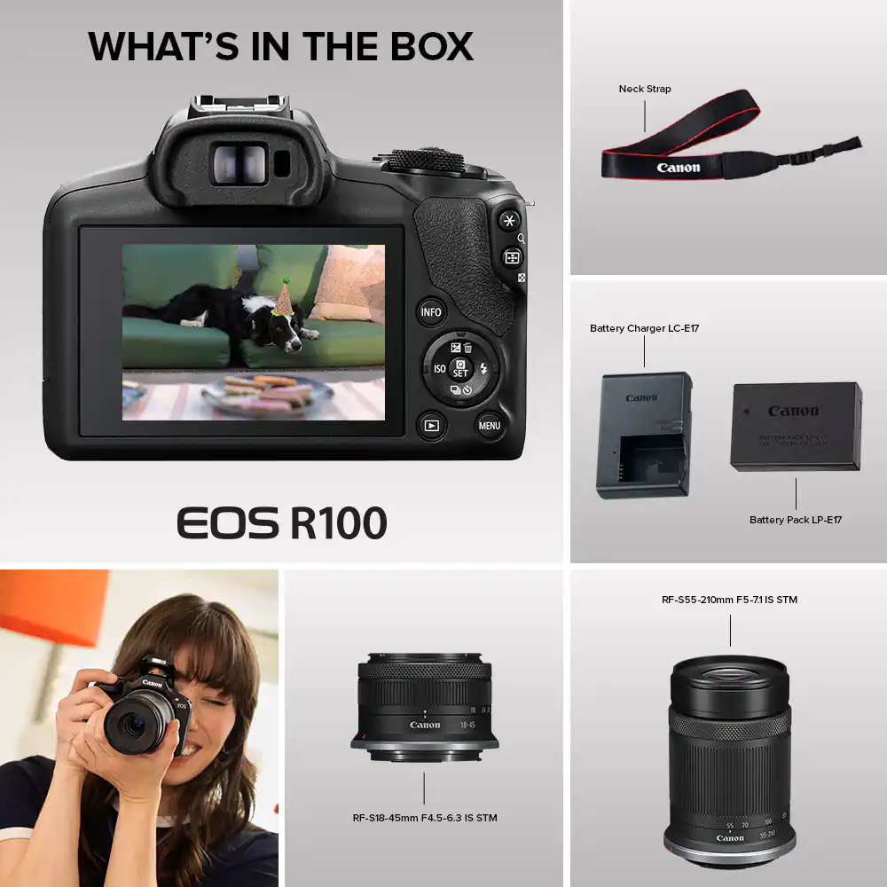What's in the Box:

1. Neck Strap
2. Canon EOS R100
3. Battery Charger (LC-E17)
4. Battery Pack (LP-ET7)
5. ISO 100-51200
6. Menu
7. Canon 18-05 RF-S18-45mm F5-7115 STM
8. Canon 920