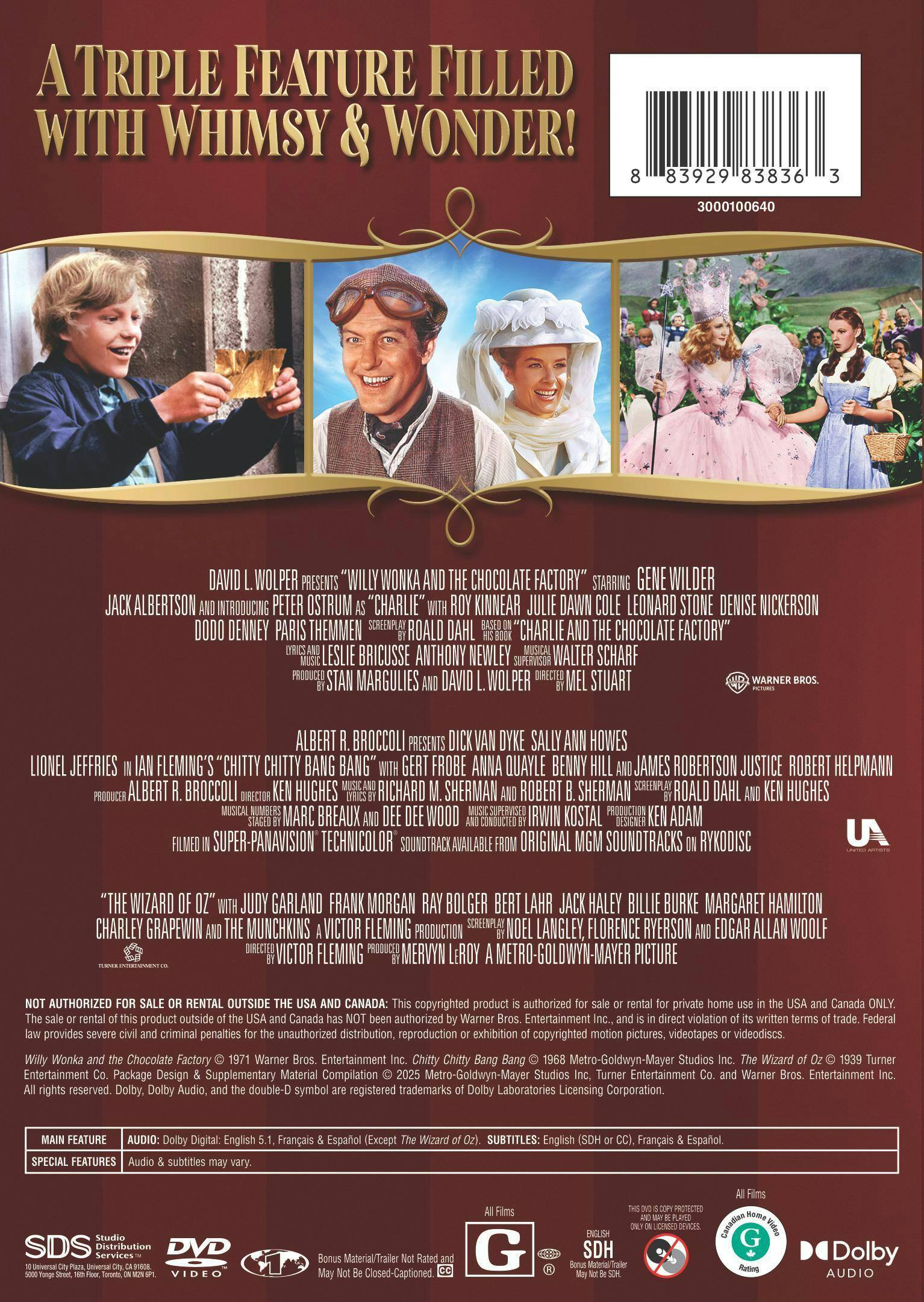 Back. Willy Wonka & the Chocolate Factory / Chitty Chitty Bang Bang / The Wizard of Oz   - DVD.
