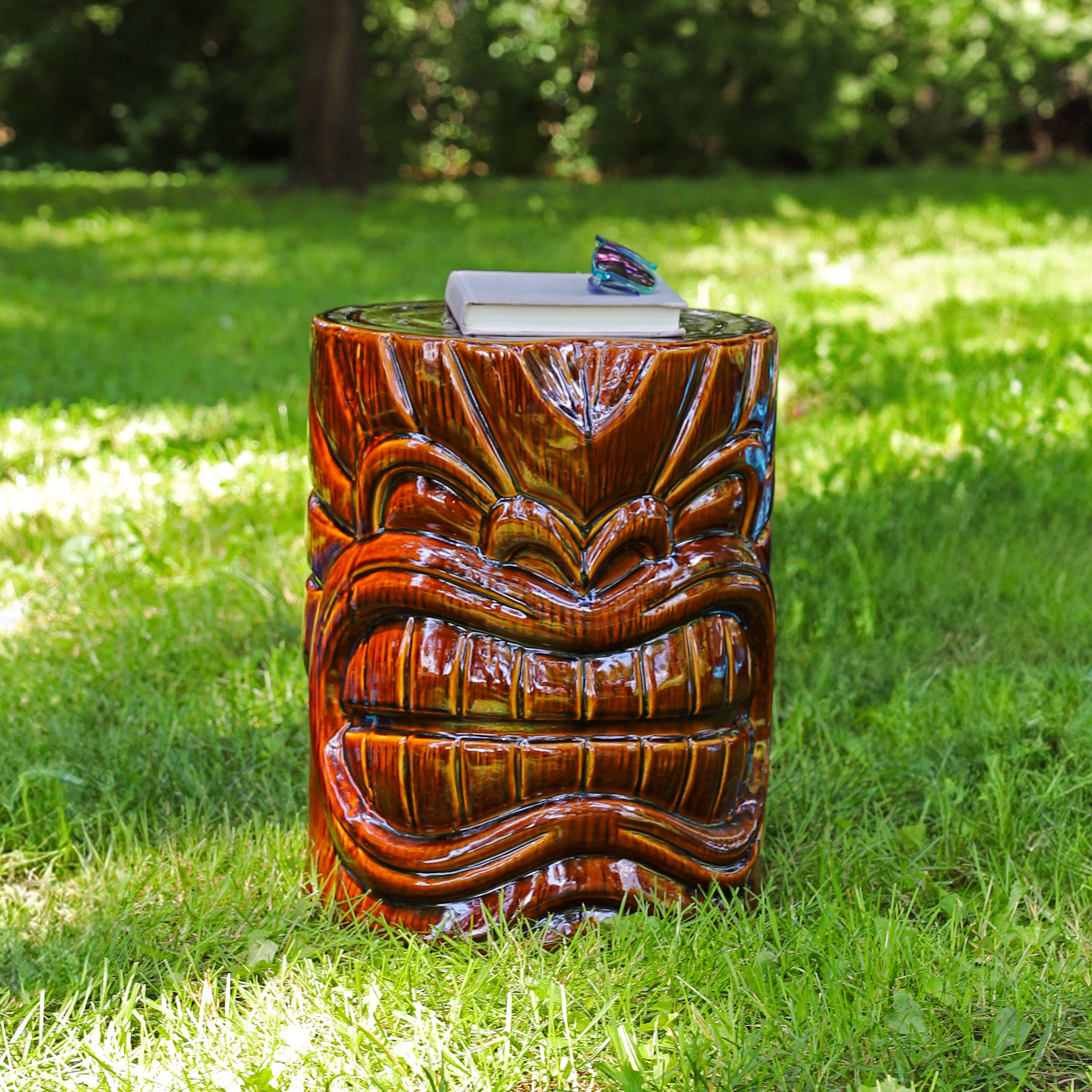 Alt View 4. Sunnydaze - Wood-Look Tiki Head Ceramic Garden Stool - 17” - Brown.