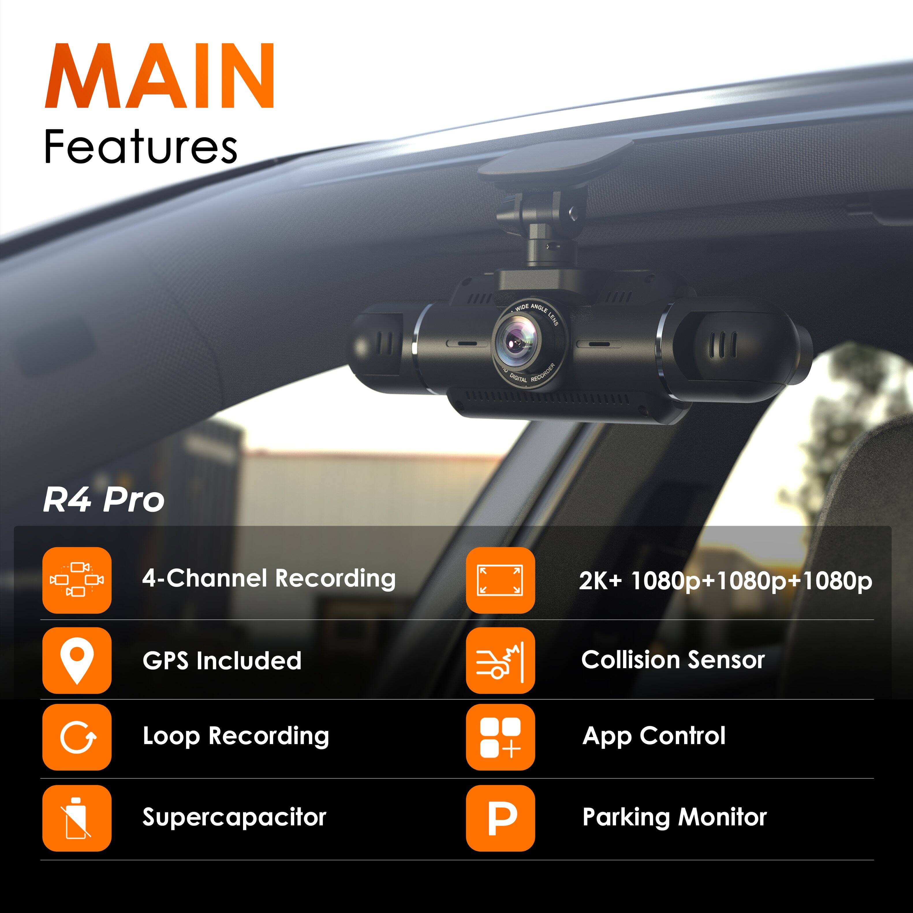The corrected text is:

"MAIN Features: R4 Pro 4-Channel Recording 2K+ 1080p+1080p+1080p GPS Included Collision Sensor Loop Recording + App Control Supercapacitor Parking Monitor"