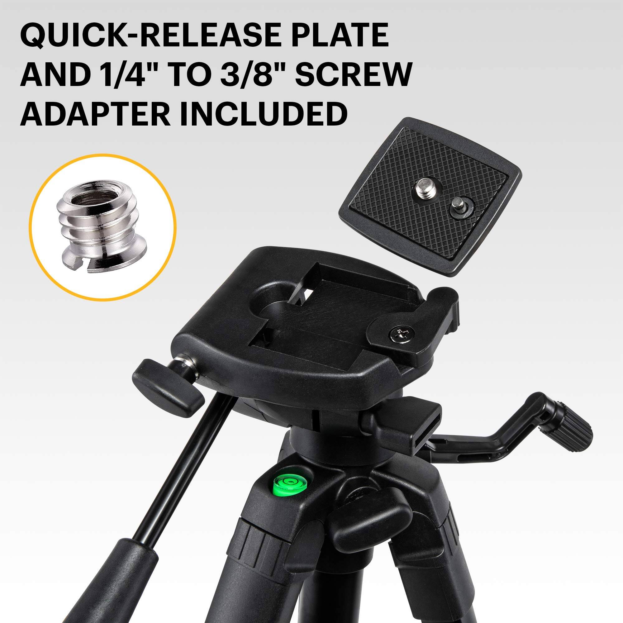 QUICK-RELEASE PLATE AND 1/4" TO 3/8" SCREW ADAPTER INCLUDED