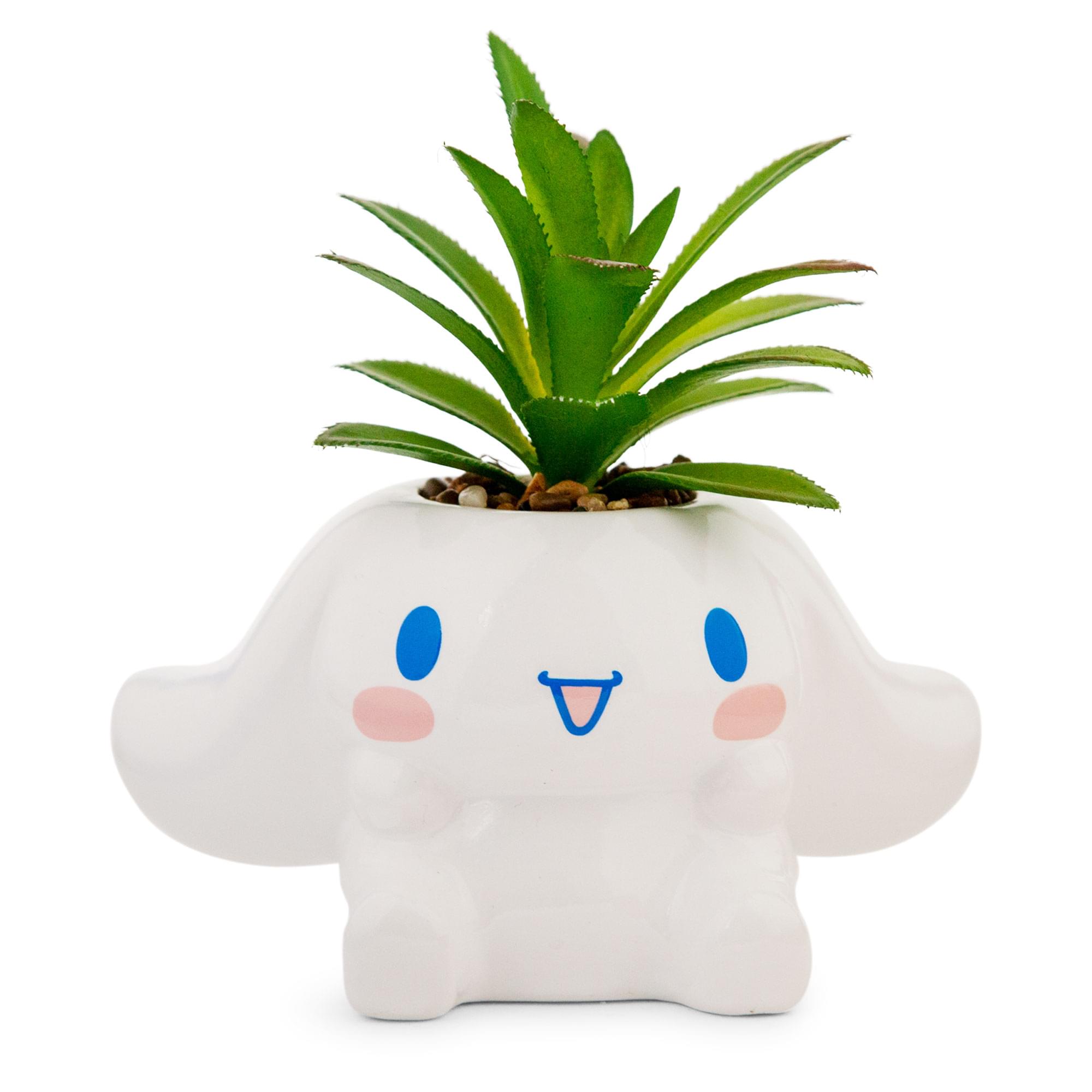 Front. Silver Buffalo - Sanrio Cinnamoroll 3-Inch Ceramic Mini Planter With Artificial Succulent - White.