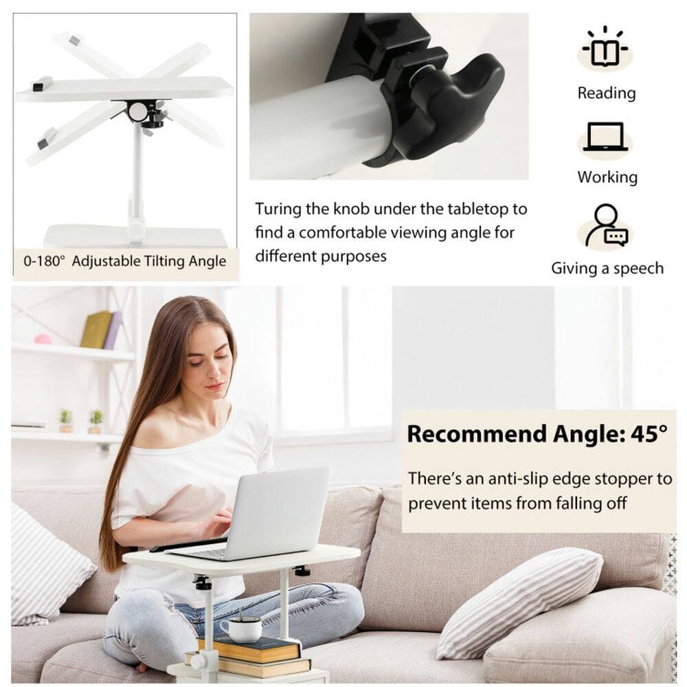 Reading  
Working  
Giving a speech  

0-180° Adjustable Tilting Angle  

Turning the knob under the tabletop to find a comfortable viewing angle for different purposes  

Recommend Angle: 45°  

There's an anti-slip edge stopper to prevent items from falling off