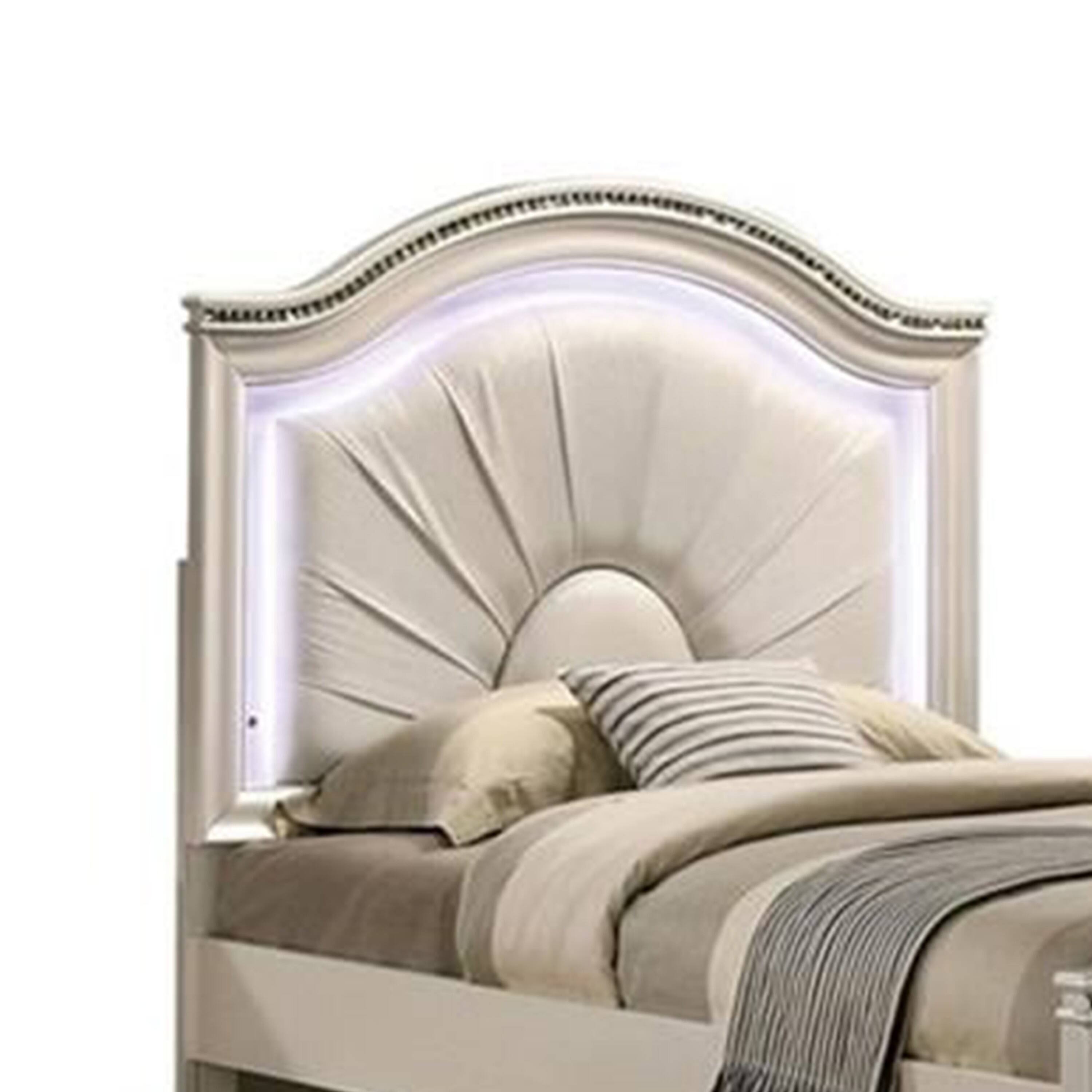 Alt View 2. Manhattan Lane - Jisoo Twin Size Bed, Pearl White Upholstery, Radial Arch Headboard - Pearl White.
