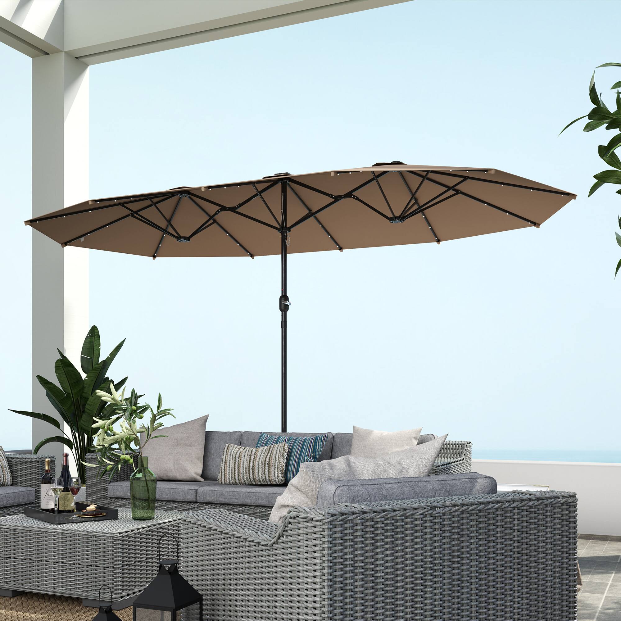 Alt View 4. Outsunny - 14.4ft Double Umbrella, Large Outdoor Patio Umbrella with Base Included, Patio Sun Shade with LED Solar Light - Khaki.