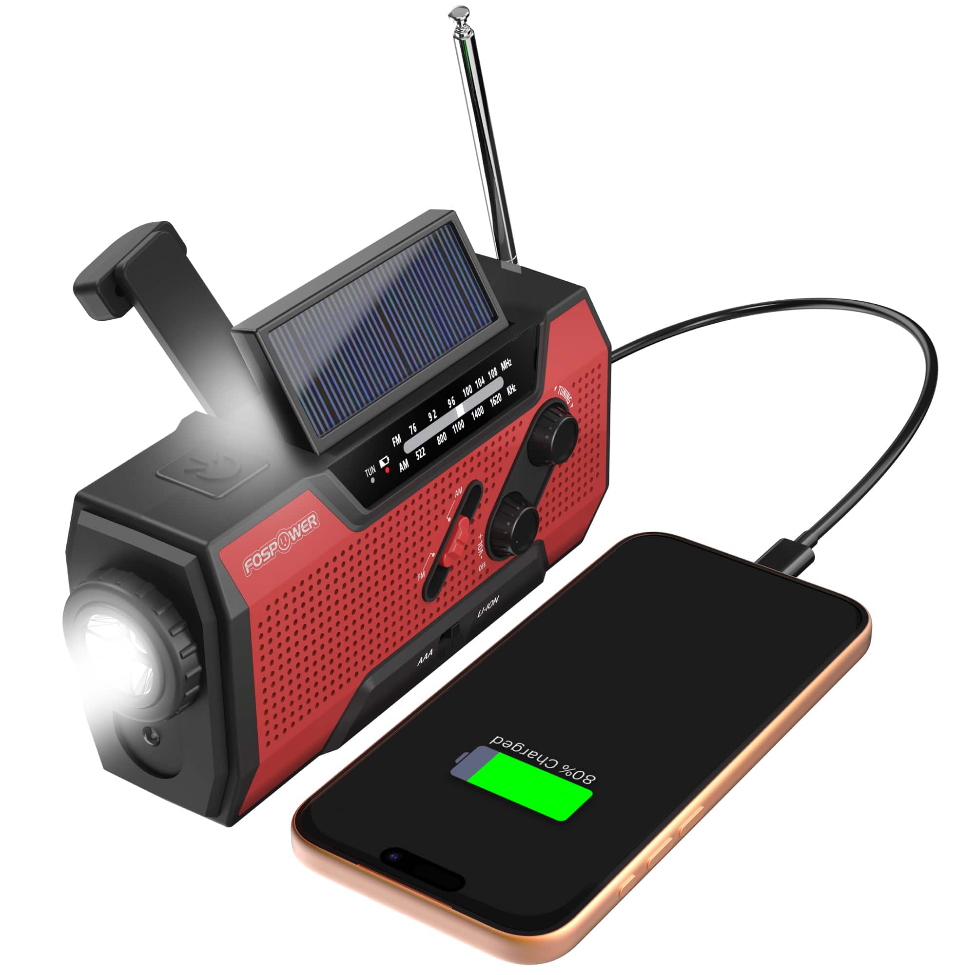 FosPower - Solar Hand Crank Emergency Radio with Flashlight, AM/FM/NOAA Weather Radio 2000mAh Power Bank, IPX3 SOS Alarm - Red