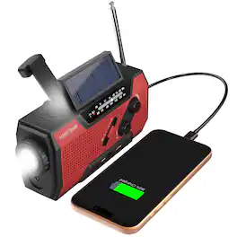 FosPower - Solar Hand Crank Emergency Radio with Flashlight, AM/FM/NOAA Weather Radio 2000mAh Power Bank, IPX3 SOS Alarm - Red