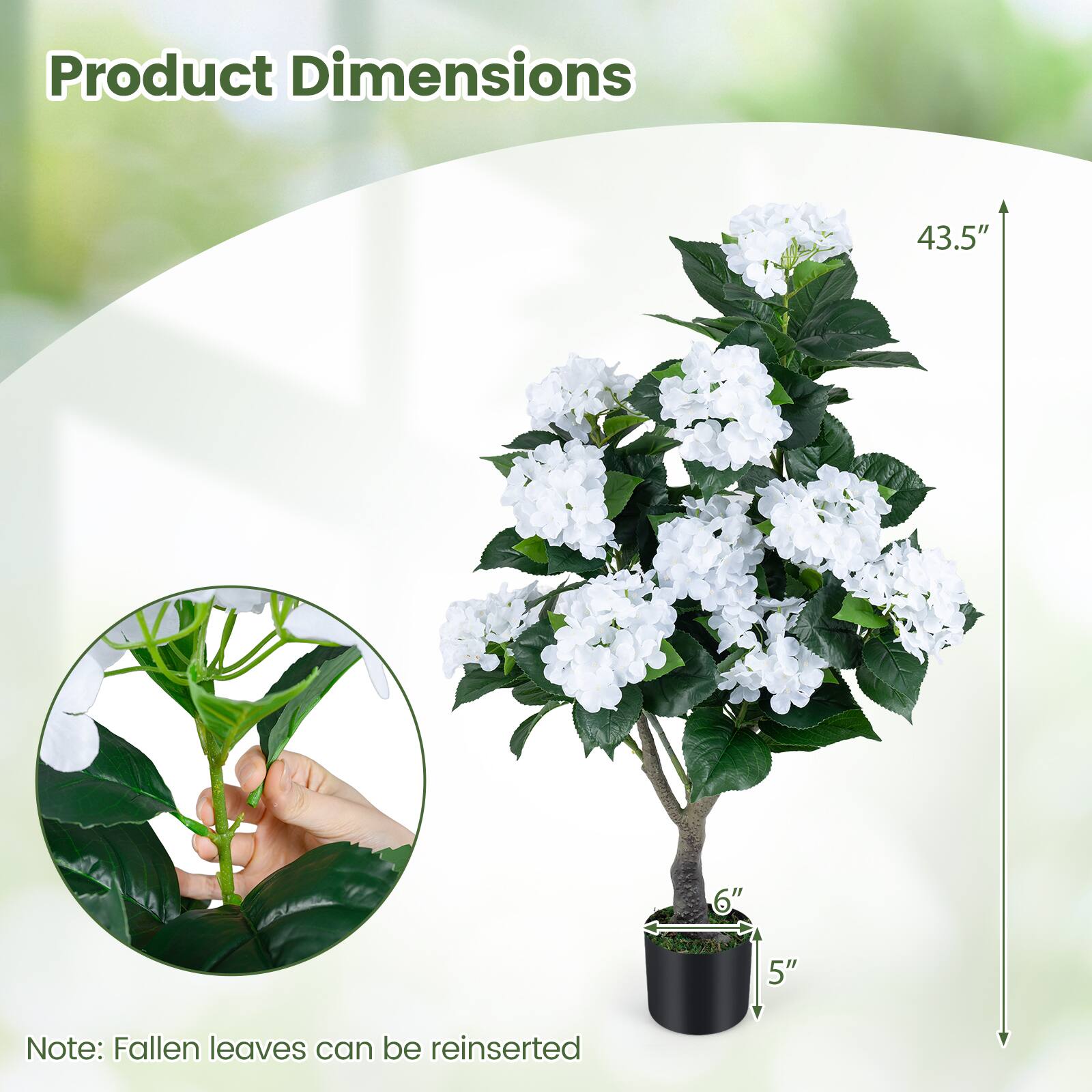 Product Dimensions: 43.5" x 6" x 5"  
Note: Fallen leaves can be reinserted