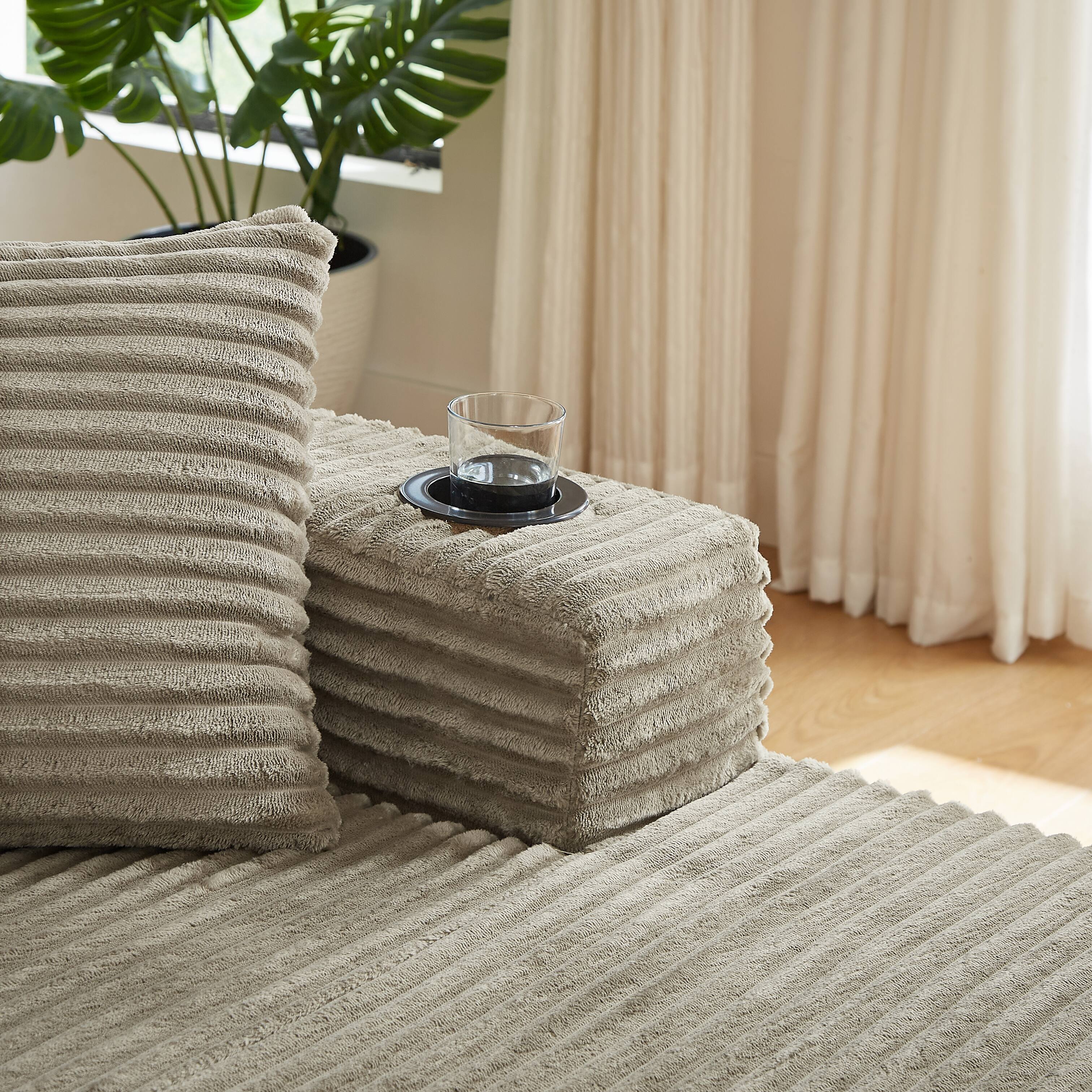 Left. Aukfa - U-Shaped Sectional Sofa Set - Minimalist Modular Design, Corduroy Cloud Couch for Living Room - Camel.