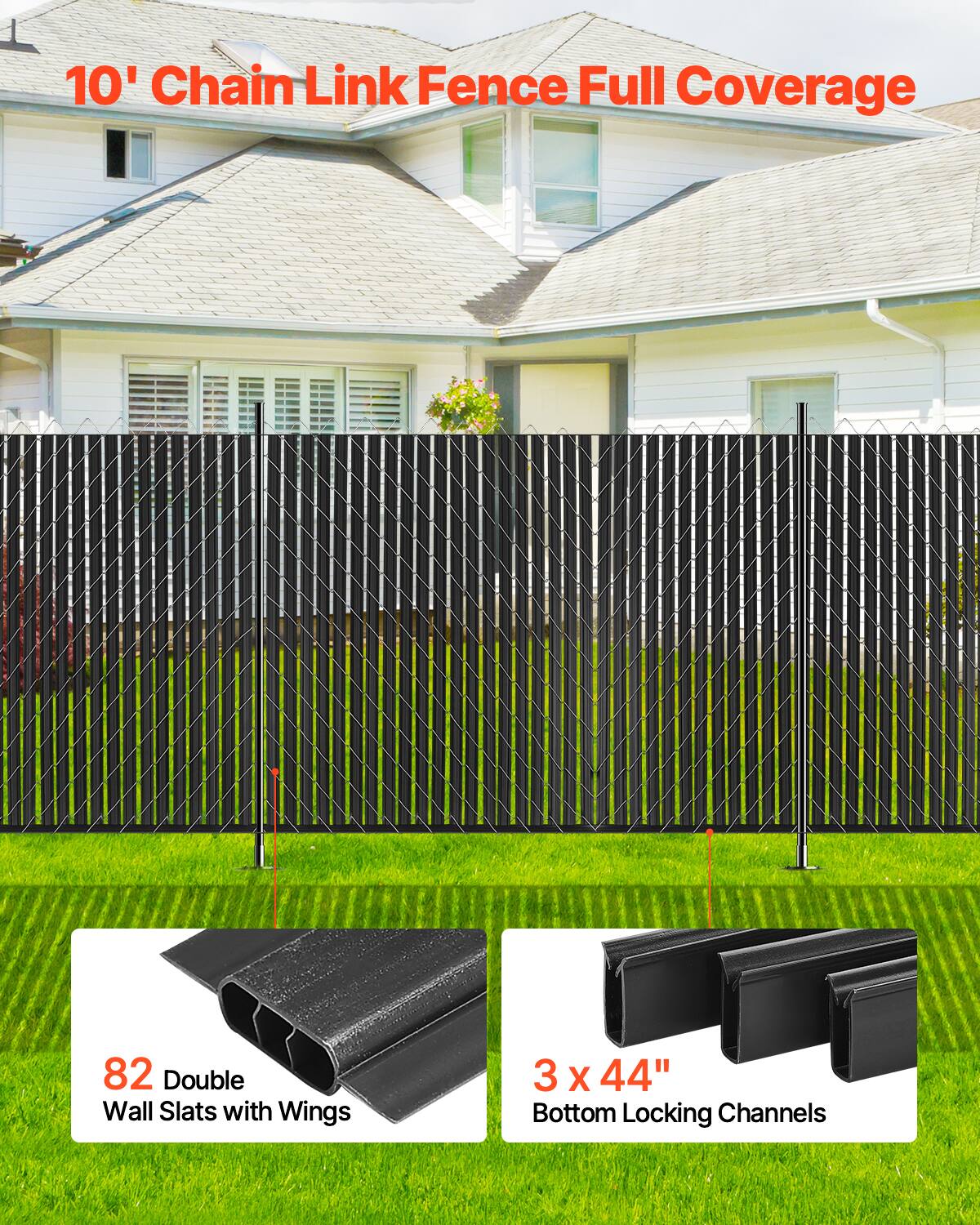 10' Chain Link Fence Full Coverage

82 Double Wall Slats with Wings

3 x 44" Bottom Locking Channels
