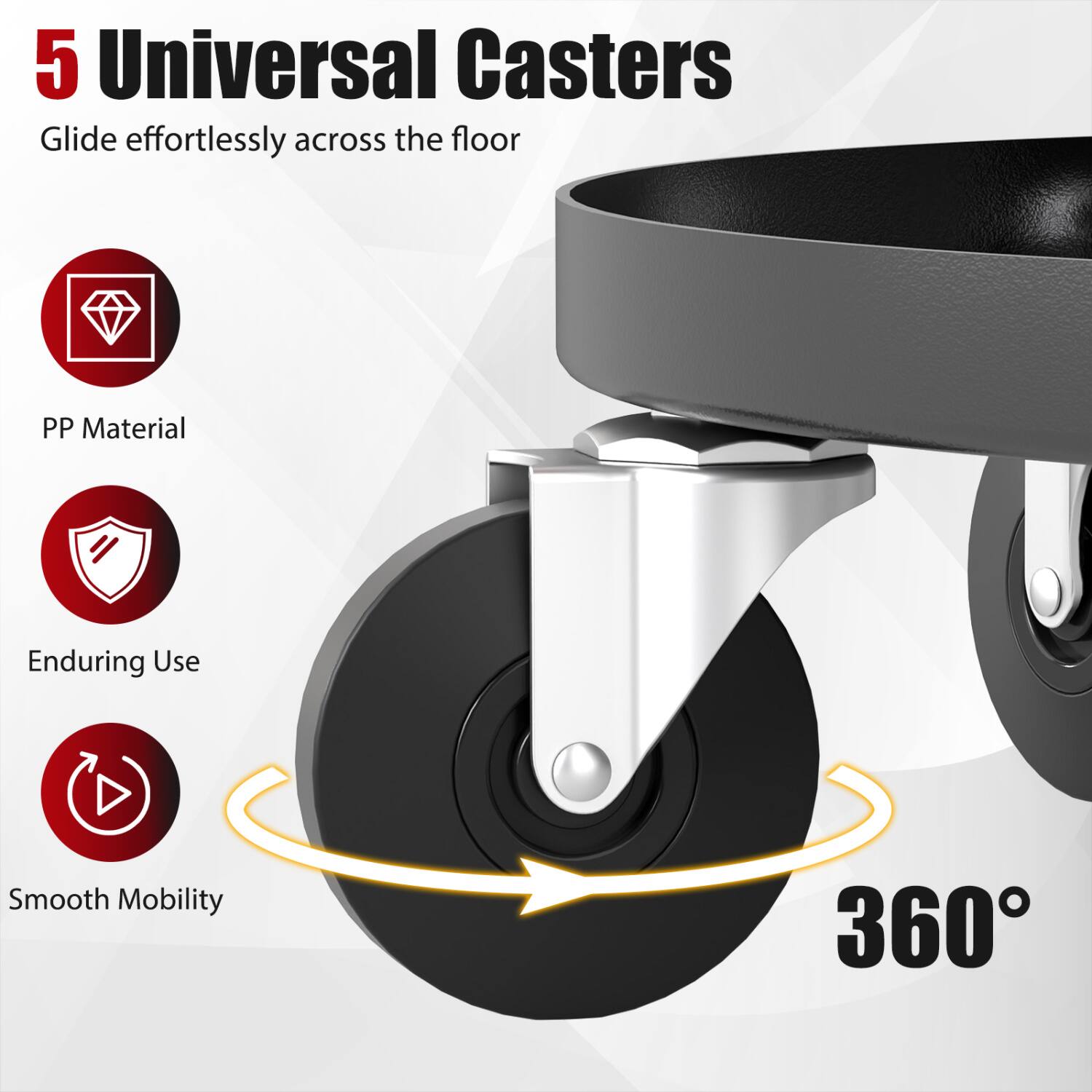 5 Universal Casters Glide effortlessly across the floor

PP Material
Enduring Use
Smooth Mobility
360°