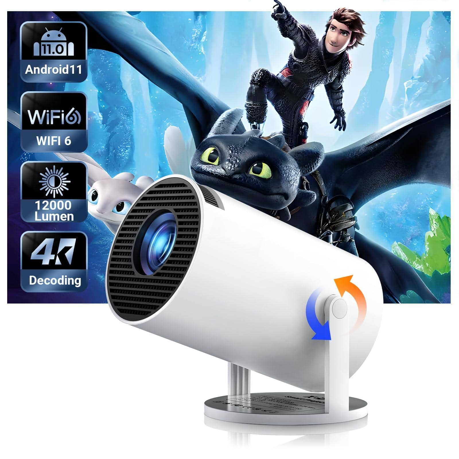 The Best Inks - Smart Mini Projector Wifi6 5.0 Gimbal 3 Protable 12000l Support 4k With Android Tv 11.0 Auto Keystone Correction - Default