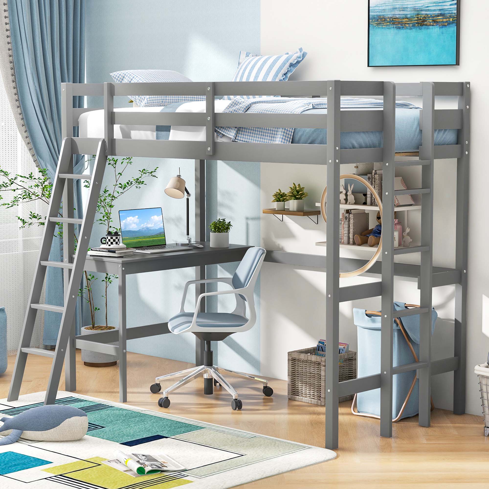 Alt View 5. Costway - Costway Twin Size Loft Bed w/ Desk & Shelf 2 Ladders & Guard Rail for Kids Teens Bedroom - Grey.
