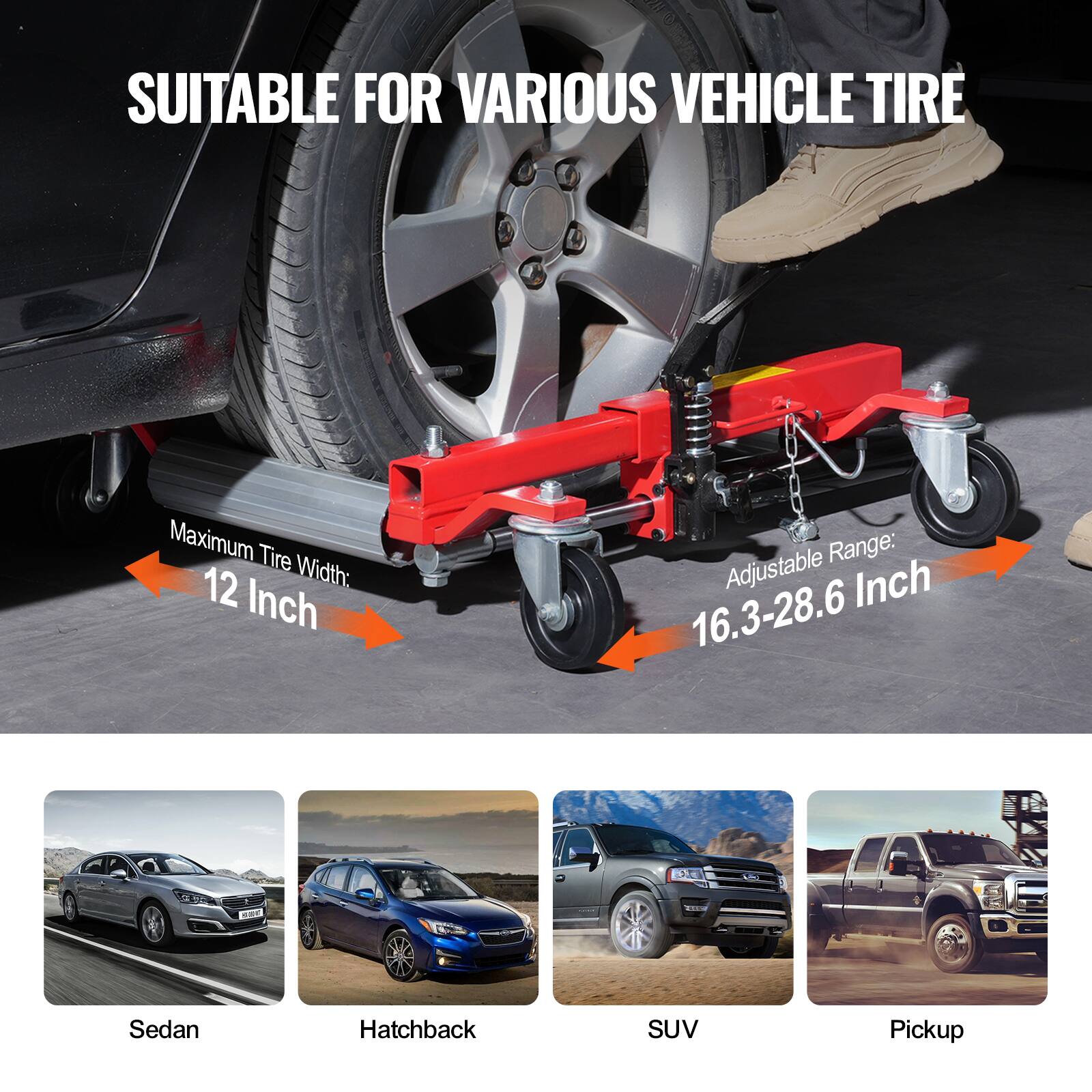 SUITABLE FOR VARIOUS VEHICLE TIRE

Maximum Tire Width: 12 Inch

Adjustable Range: 16.3-28.6 Inch

Sedan  
Hatchback  
SUV  
Pickup