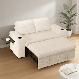 Dyonery - 65.5" Loveseat Sleeper Sofa with Pull Out Bed,Chenille Sofa Bed with Reclining Backrest,USB Ports,Cup Holders,Side table - Beige