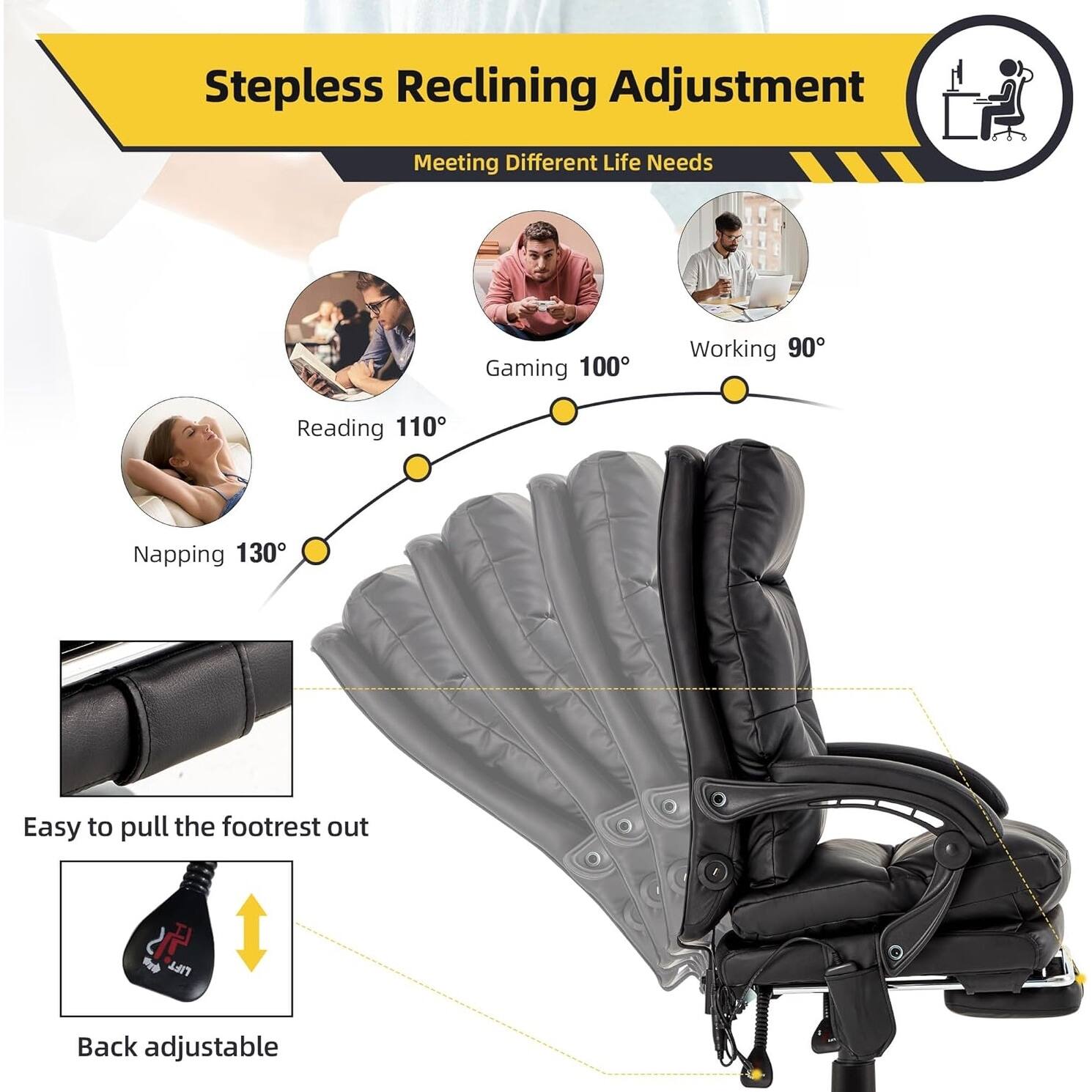 Stepless Reclining Adjustment  
Meeting Different Life Needs  

Gaming 100°  
Working 90°  
Reading 110°  
Napping 130°  

Easy to pull the footrest out  

Back adjustable