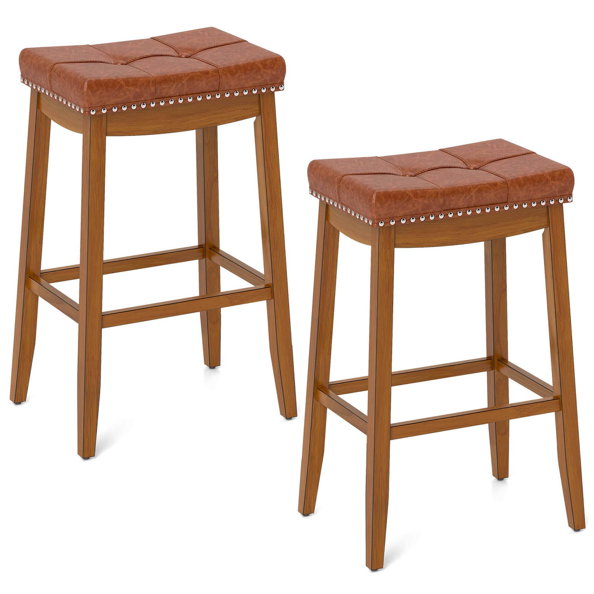Front. Costway - 29" Bar Height Stools Set of 2 with PU Leather Seat Solid Rubber Wood Frame - Brown.