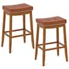 Front. Costway - 29" Bar Height Stools Set of 2 with PU Leather Seat Solid Rubber Wood Frame - Brown.