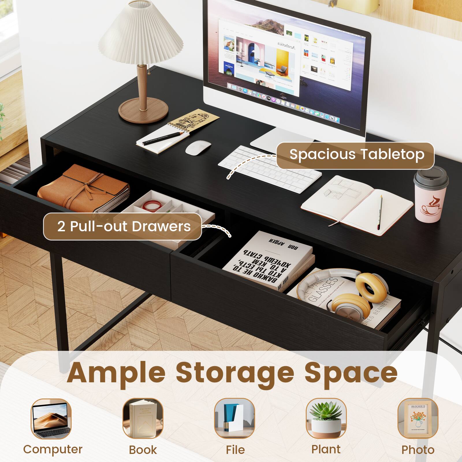 Computer, Book, File, Plant, Photo, Spacious Tabletop, 2 Pull-out Drawers, Ample Storage Space
