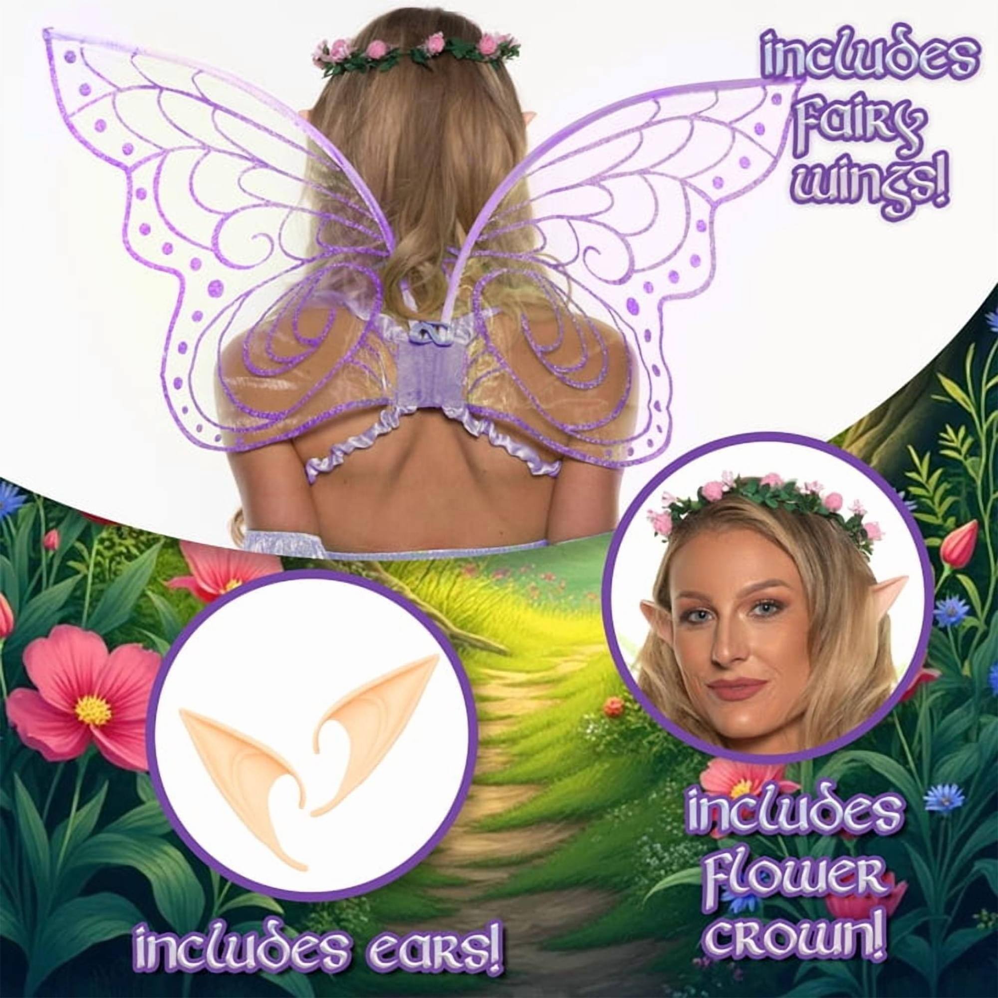 includes Fairy Wings!  
includes ears!  
includes Flower Crown!