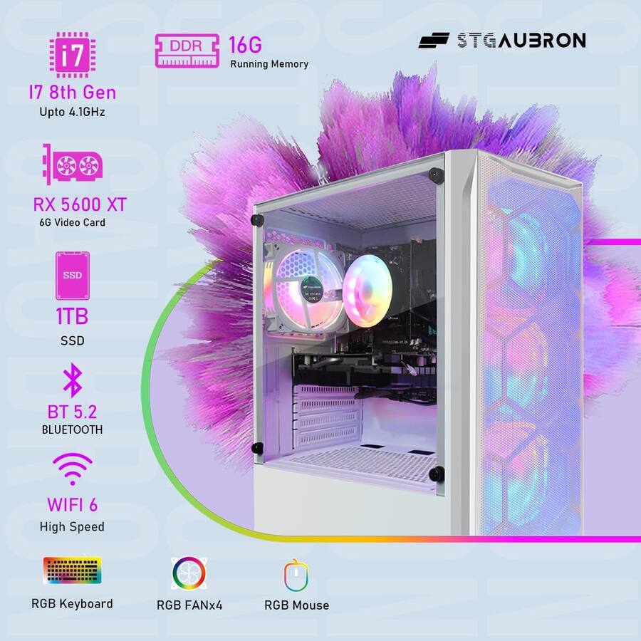 STGAubron Gaming Computer PC, AMD Radeon RX 5600XT 6G, Intel Core i7 8th Gen up to 16G DDR4 RAM, 1T SSD, WIN11H White