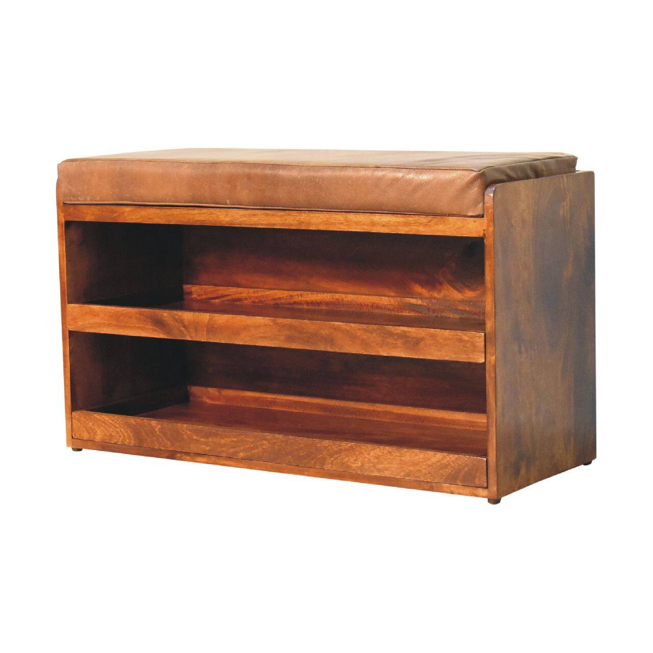 Back. Artisan Furniture - Artisan Furniture Solid Wood Buffalo Hide Pull out Chestnut Shoe Storage Bench, Upholstered, Dark Brown - Dark Brown.