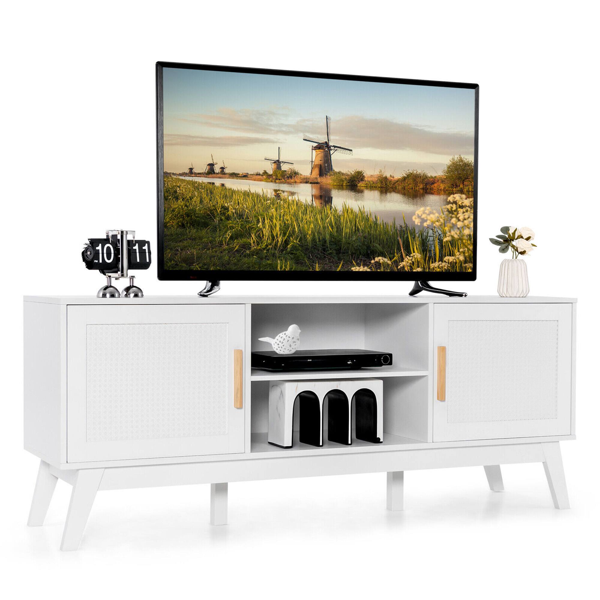 Gymax - TV Stand Entertainment Media Console w/ 2 Rattan Cabinets & Open Shelves - White