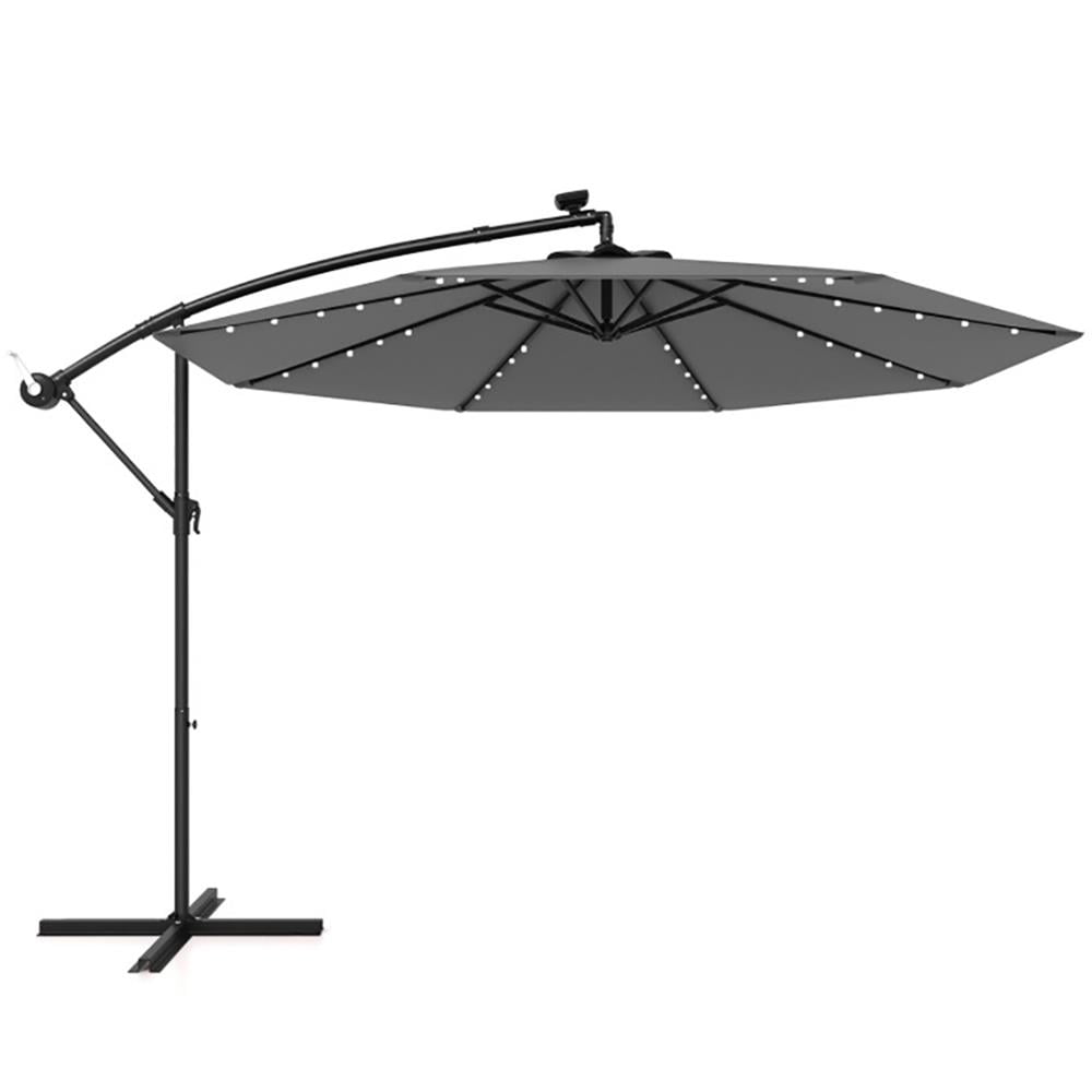 Front. Kadyn - Outdoor Garden Umbrella,Market Umbrella,10 Feet Solar Offset Hanging Umbrella with 40 Lamp Beads and Solar Panel-Gray.