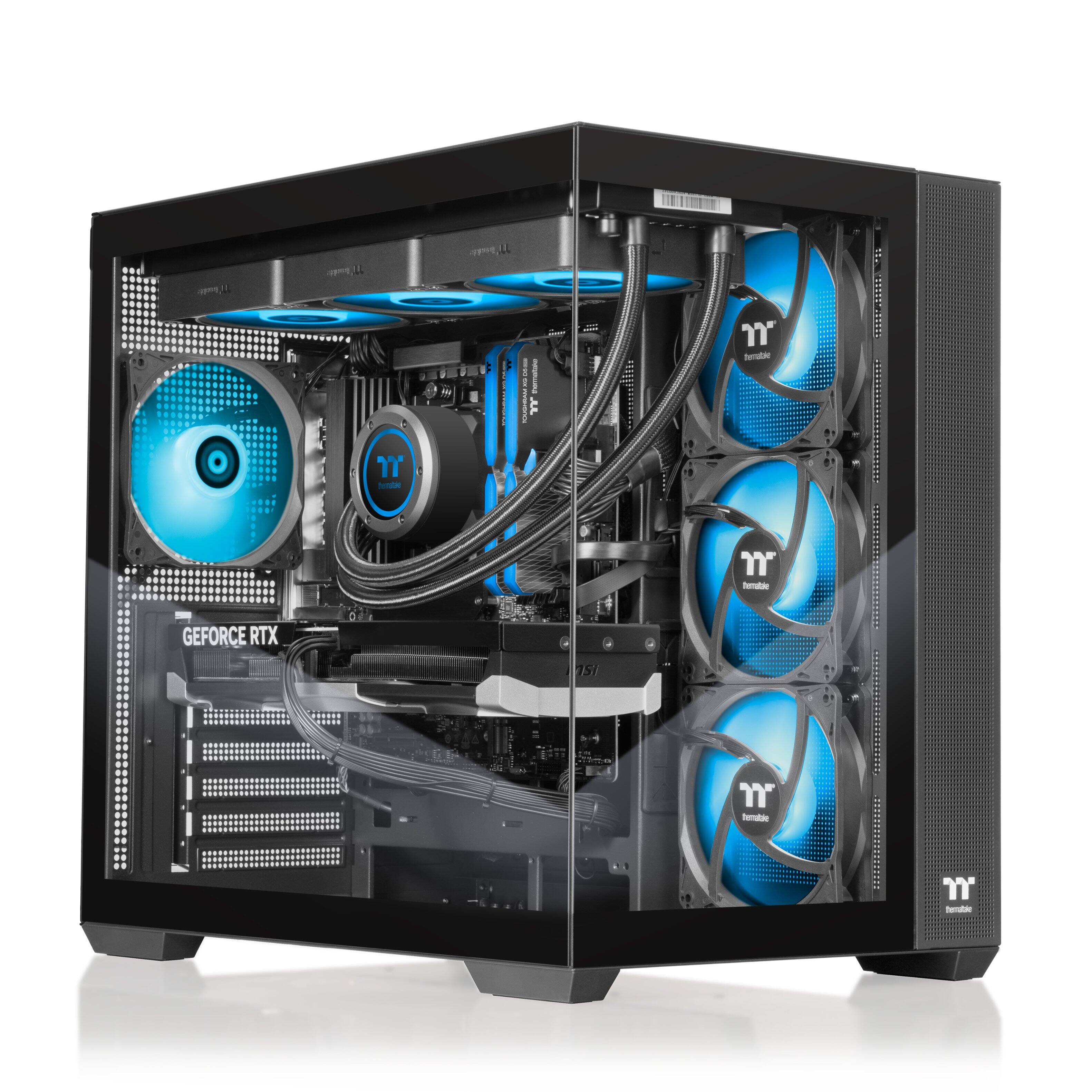 The image features a black computer case with a transparent side panel, revealing the internal components. The case is equipped with a GeForce RTX 3080 graphics card and two blue fans, providing efficient cooling for the system. The case also has a transparent side panel, allowing for a clear view of the internal components, including the fans and the graphics card.