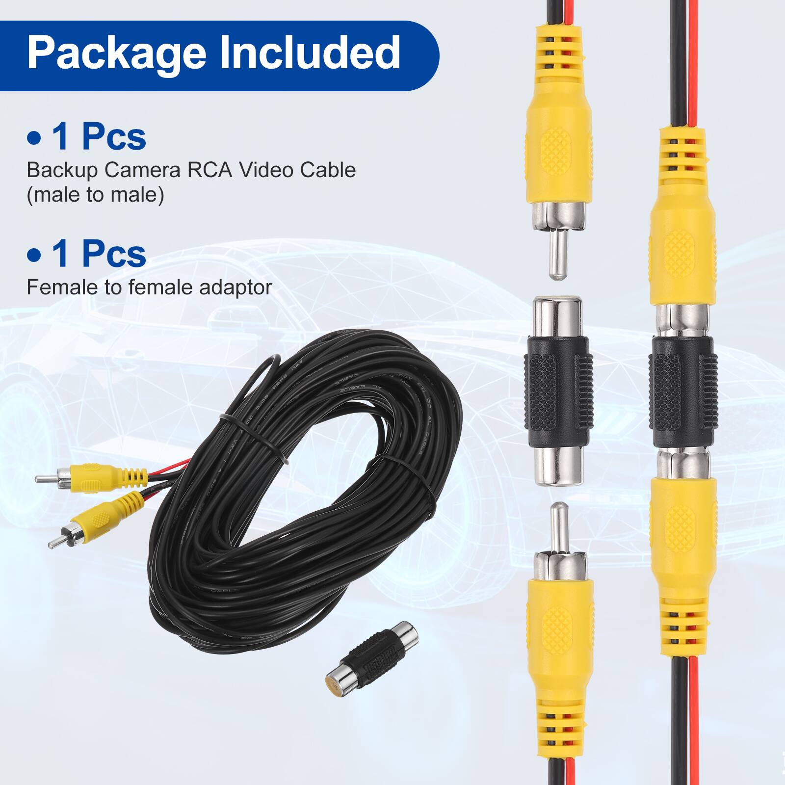 Package Included

- 1 Pcs Backup Camera RCA Video Cable (male to male)
- 1 Pcs Female to female adaptor