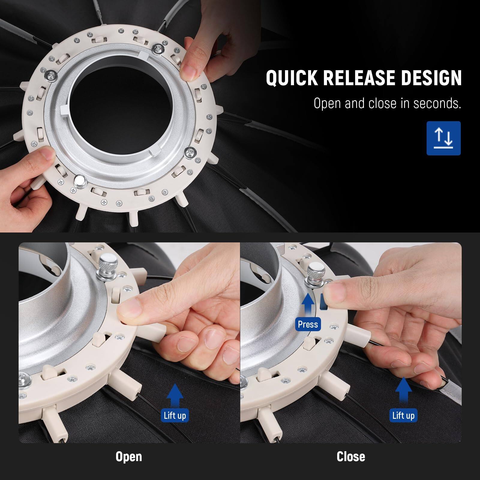 QUICK RELEASE DESIGN  
Open and close in seconds.  

Open: Lift up  
Close: Press, Lift up