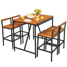 Costway - 5PCS Patio Rattan Bar Table Stool Set Acacia Wood Top W/Umbrella Hole - Black,Natural