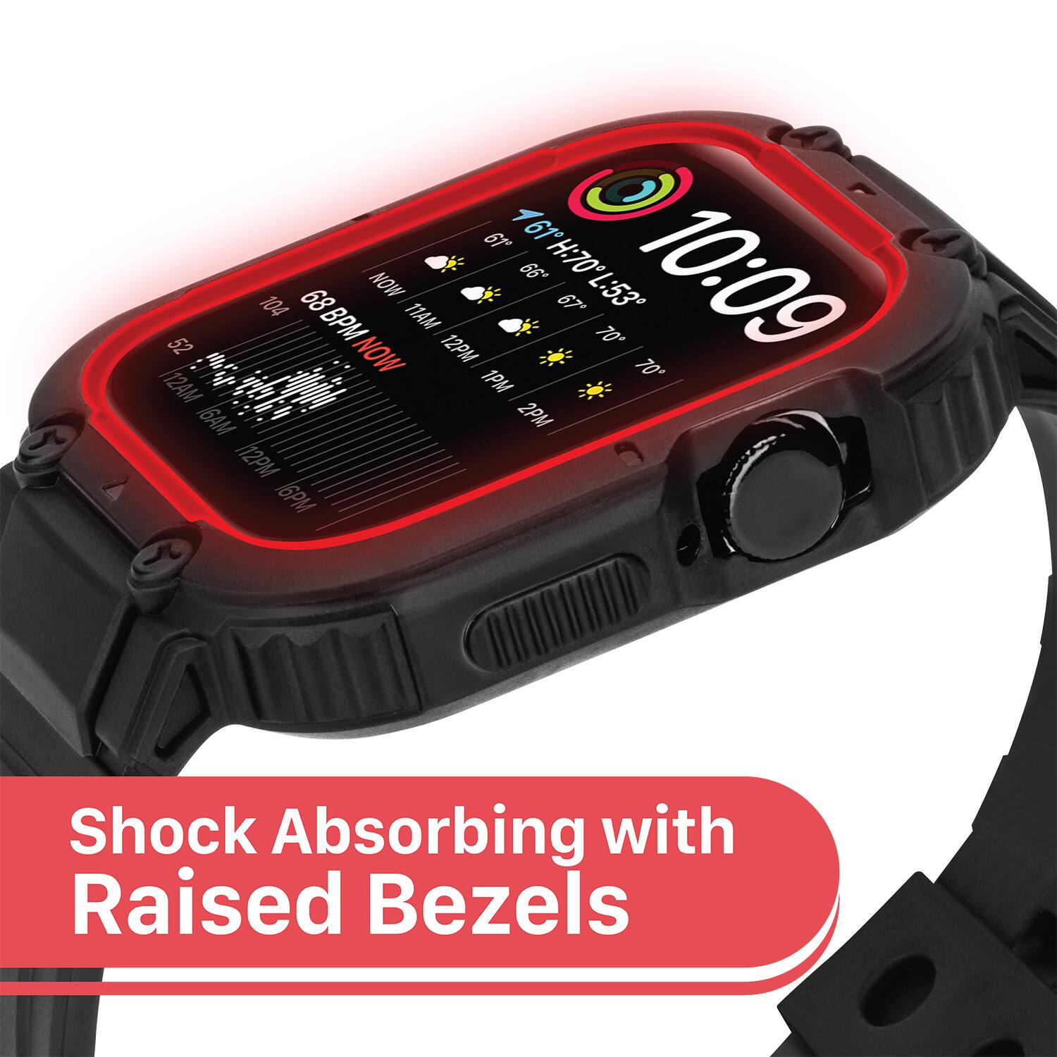 1 61 61 NOW .99 H:70 10:09 104 89 MAIT 67 L:53 52 BPM 12PM 70 # NOW 1PM 10, 112AM 6AM 2PM 12M 16PM

Shock Absorbing with Raised Bezels