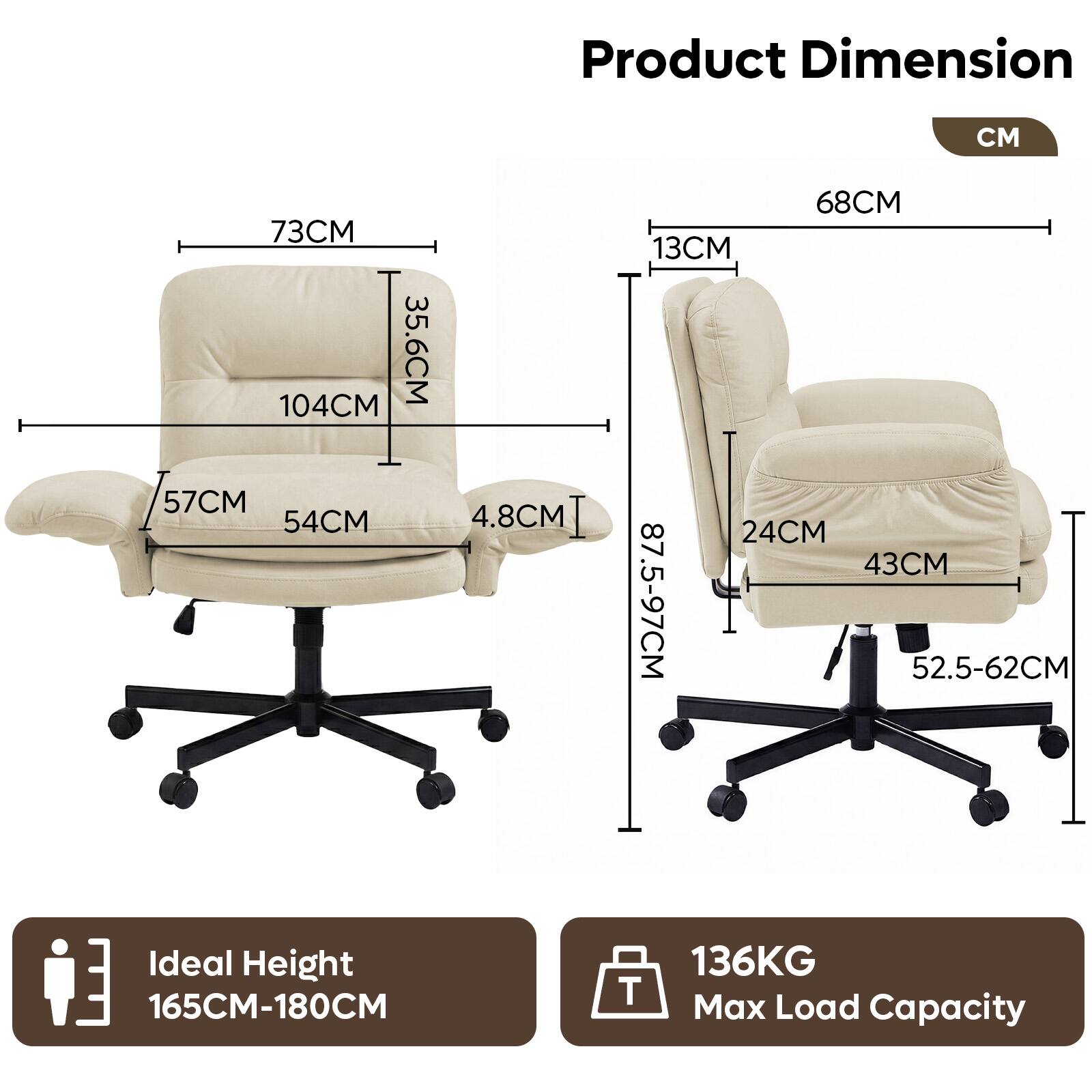 Product Dimension  
M: 73CM, 35.6CM, 104CM, 57CM, 54CM, 4.8CM, 68CM, 13CM, 24CM, 43CM, 87.5-97CM, 52.5-62CM  
Ideal Height: 165CM-180CM  
Max Load Capacity: 136KG
