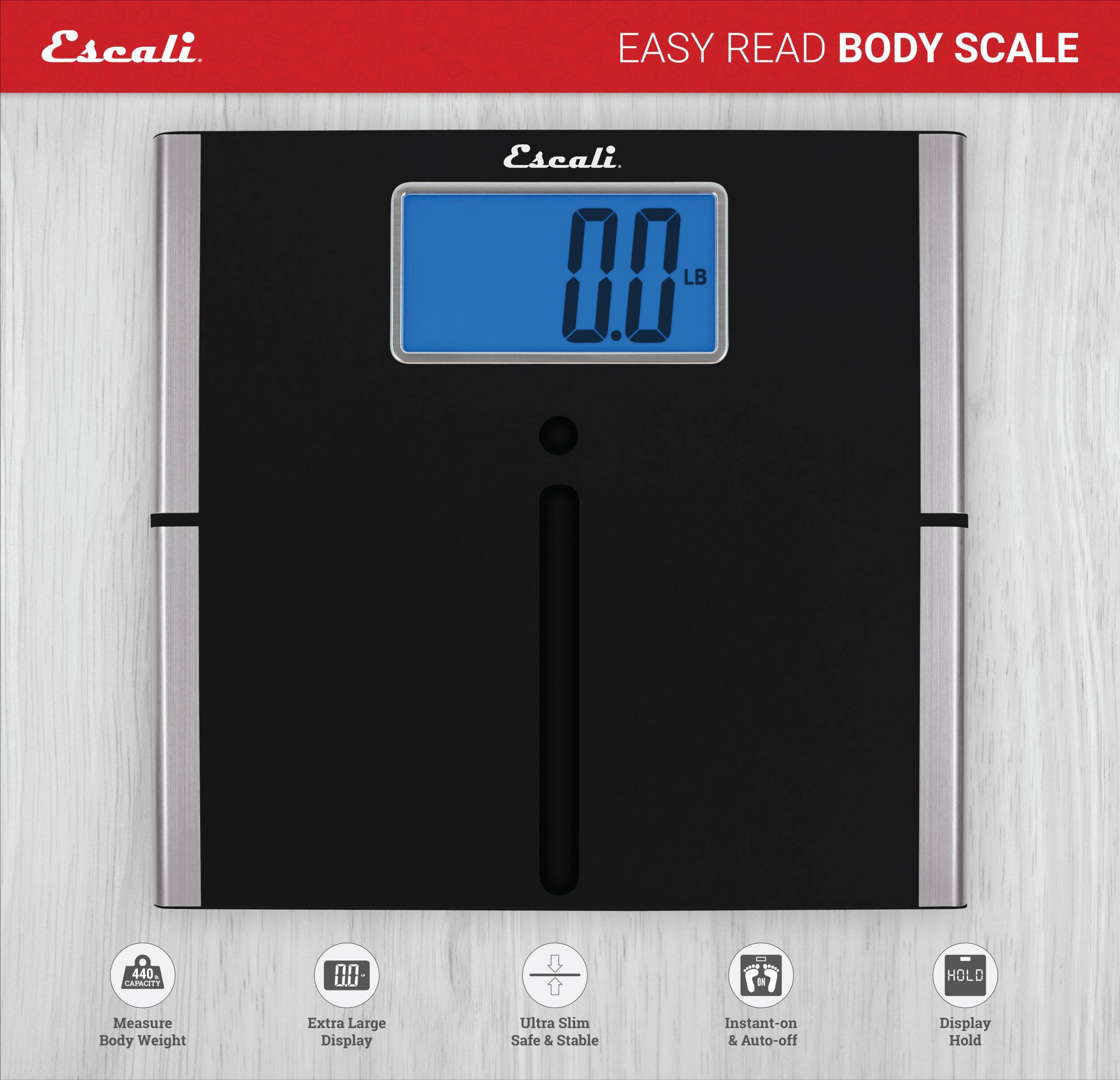 Escali. EASY READ BODY SCALE Escali D LB 440. Measure Body Weight - Extra Large Display - Ultra Slim Safe & Stable - Instant-on & Auto-off - Display Hold