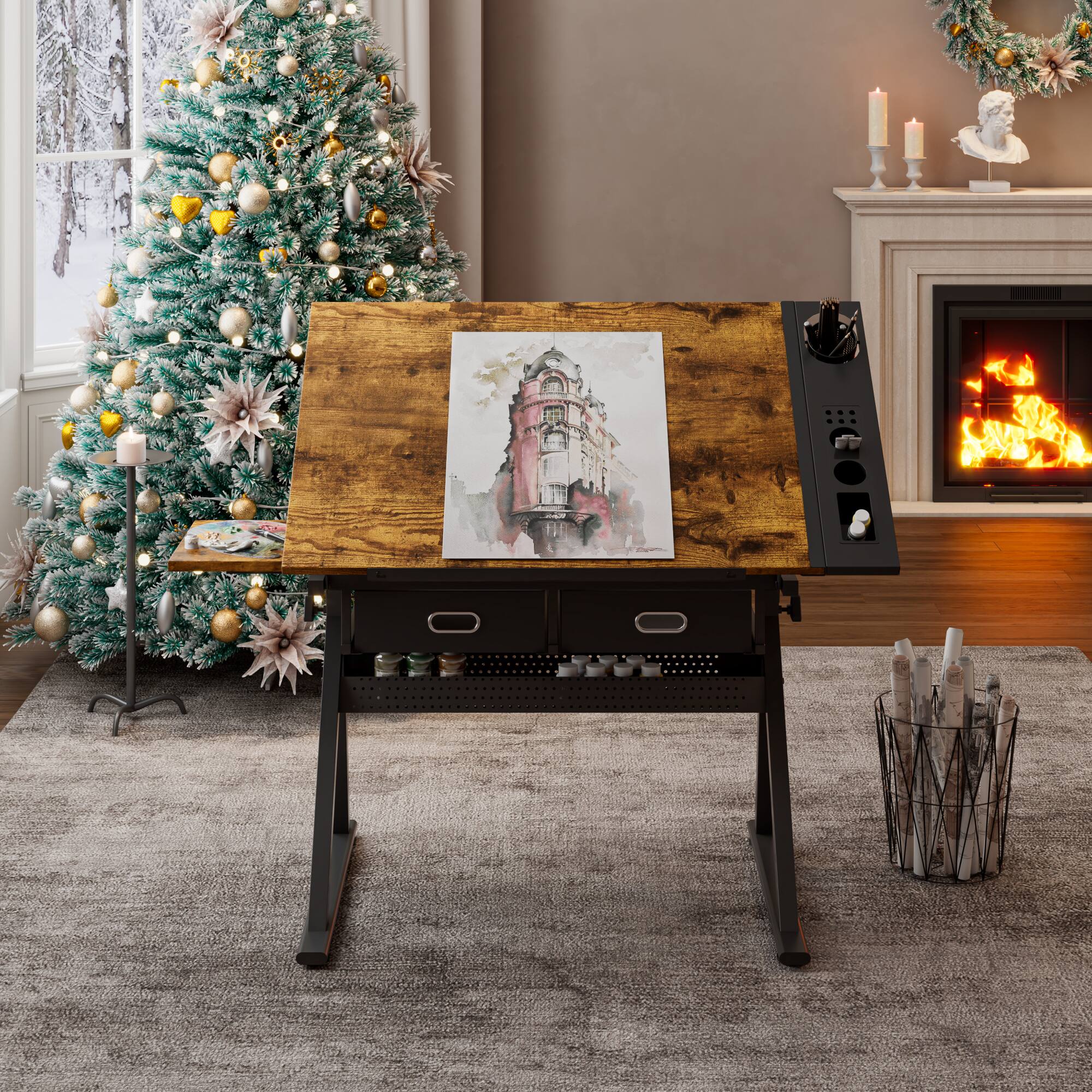 Alt View 1. GOODSILO - Professional Adjustable Drafting Table with Storage Drawers and Stool for Artists and Students - Black.