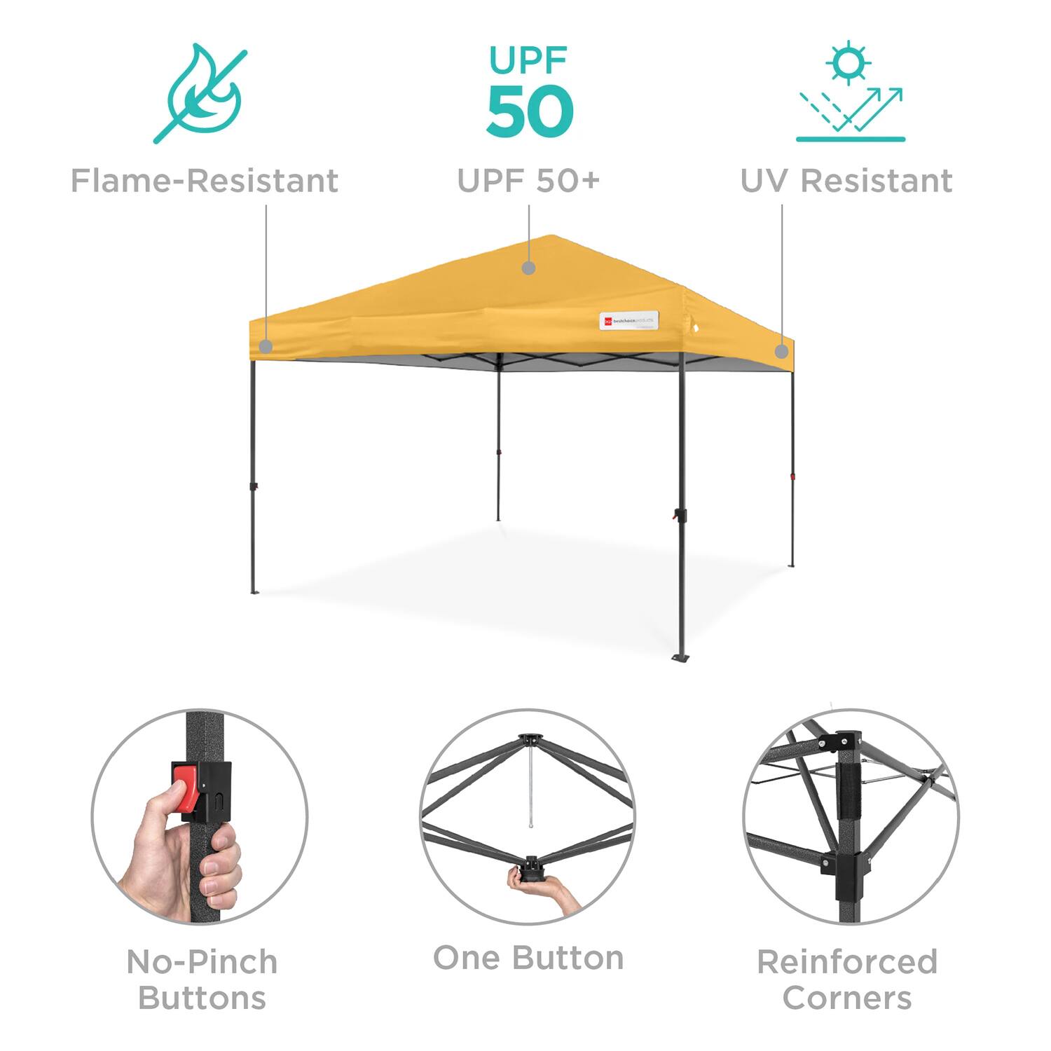 - Flame-Resistant
- UPF 50+
- UV Resistant
- No-Pinch Buttons
- One Button
- Reinforced Corners