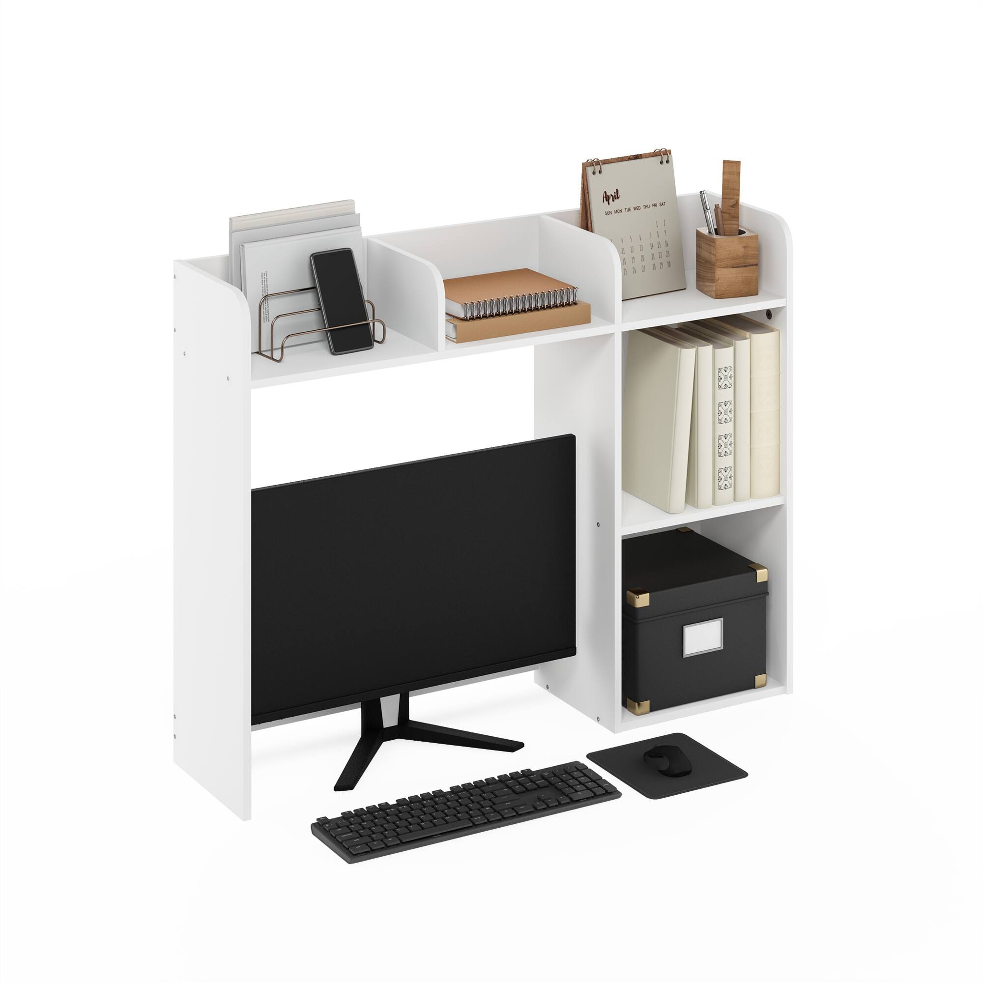Alt View 3. Furinno - Classic Desktop Bookshelf Storage Hutch, Desk Organizer with 5 Shelves - White.