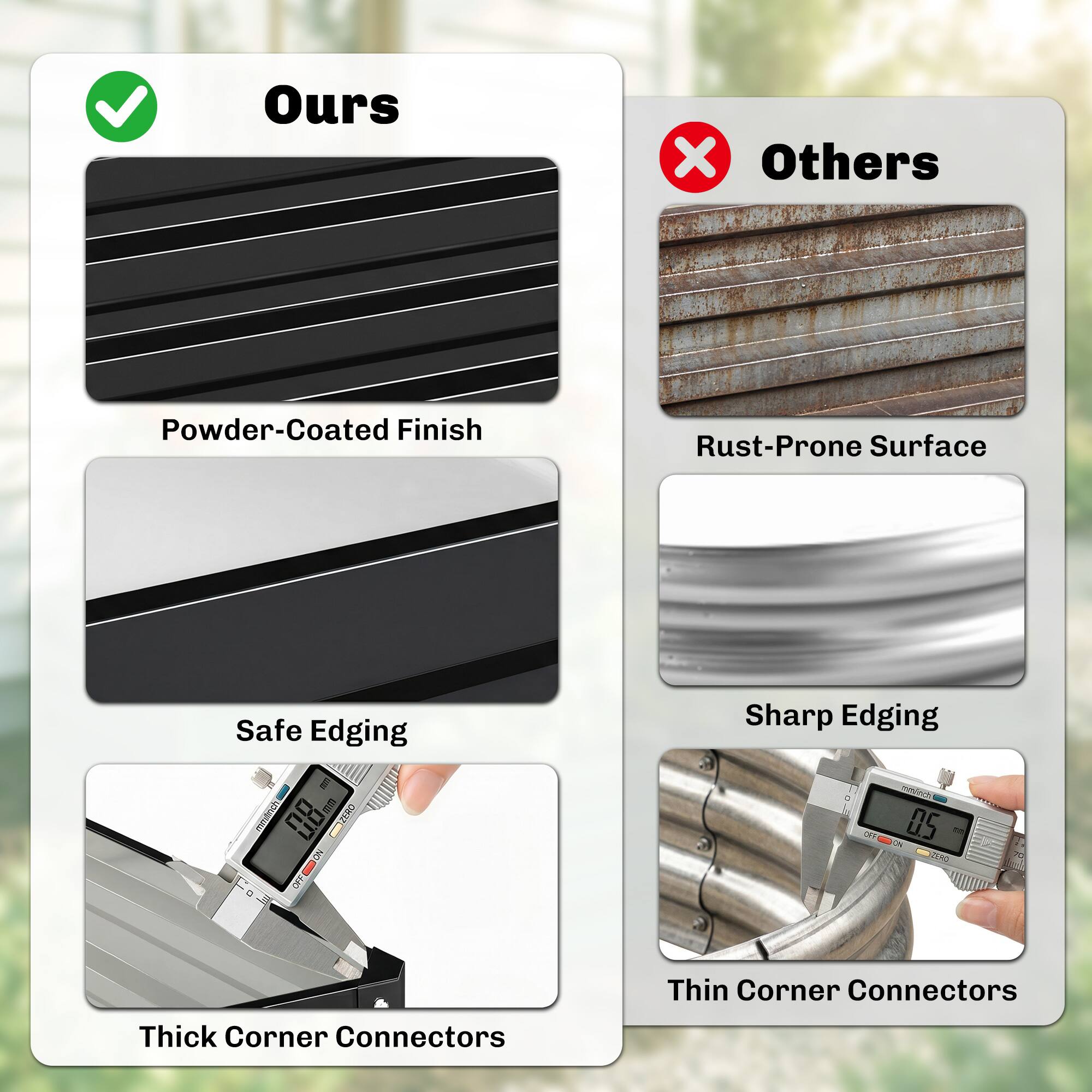 Ours  
- Powder-Coated Finish  
- Safe Edging  
- Thick Corner Connectors  

Others  
- Rust-Prone Surface  
- Sharp Edging  
- Thin Corner Connectors