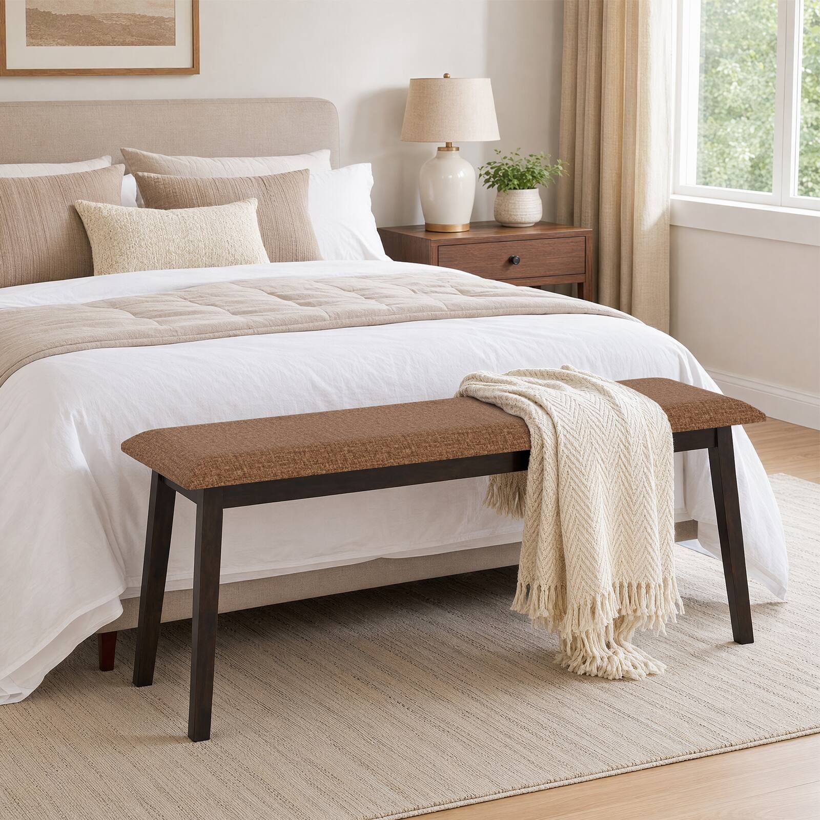 Alt View 3. Costway - Costway 43.5" Upholstered Entryway Bench with Rubber Wood Frame, Farmhouse End of Bed Bench - Brown.